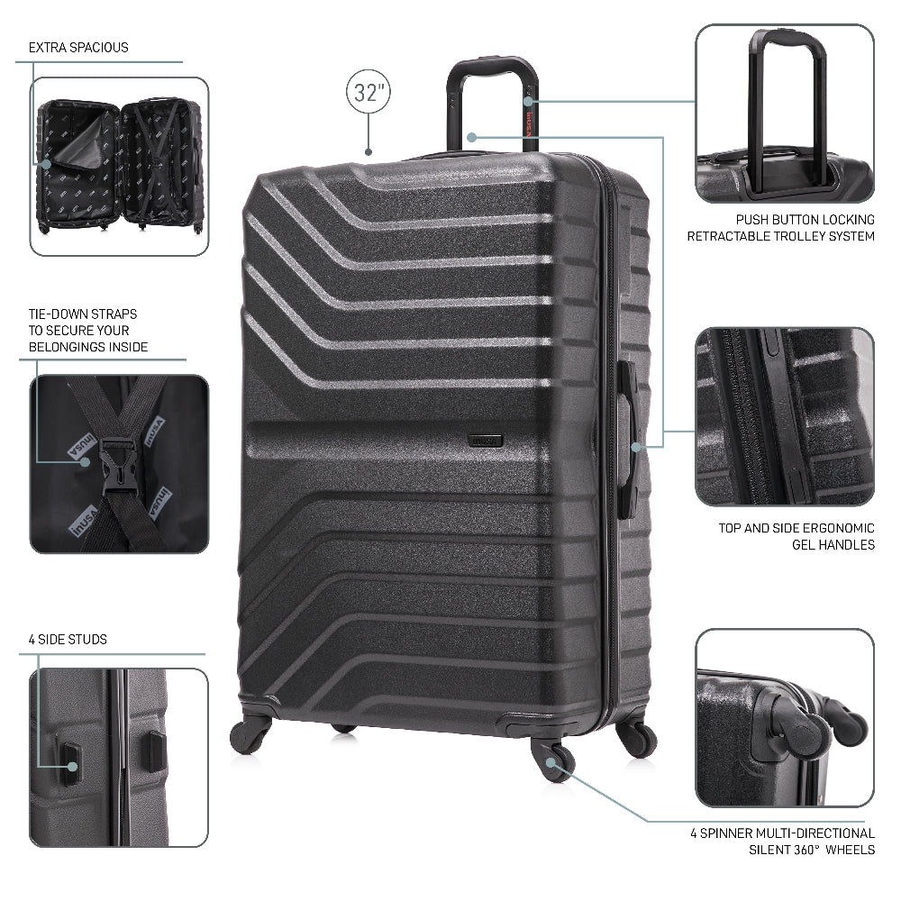 Black suitcase with features highlighted on a white background