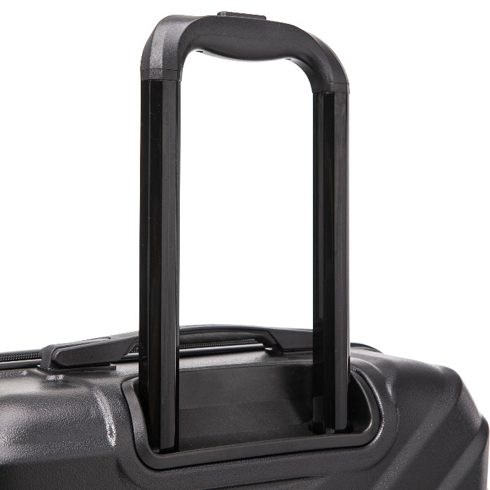 Close-up of a black suitcase handle on a white background