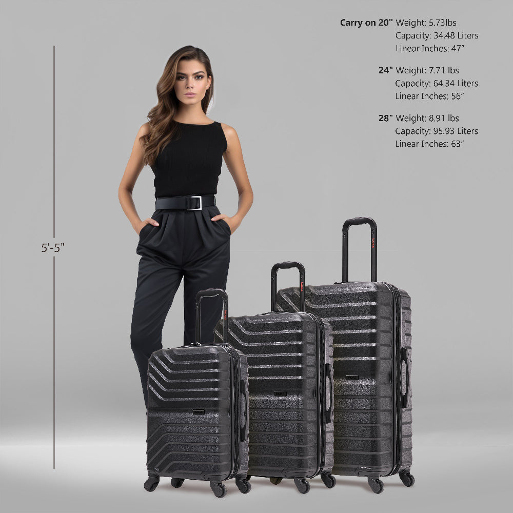 Woman standing next to three black suitcases with size and weight information displayed.