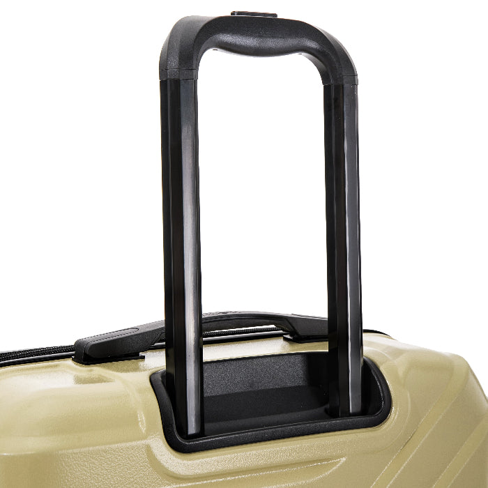 Close-up of a beige suitcase handle on a white background