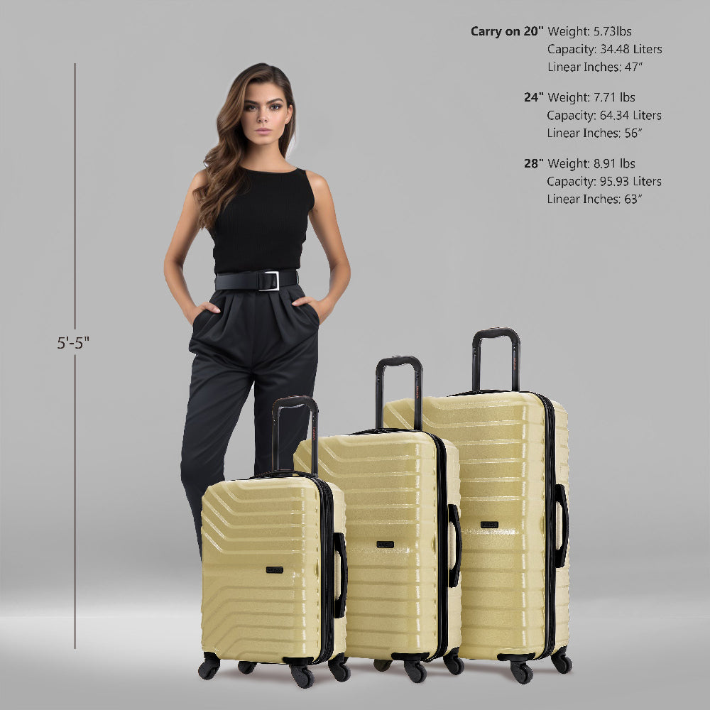Woman standing next to three beige suitcases with specifications on a gray background