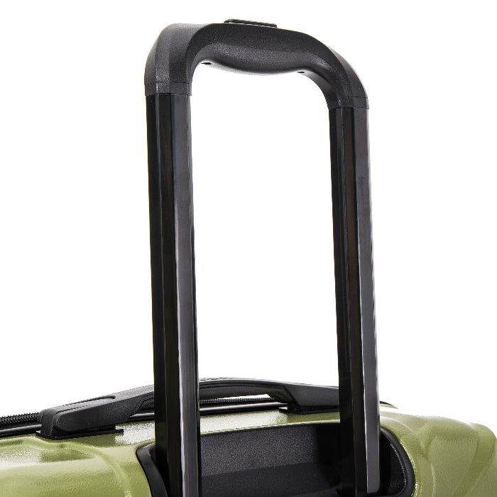 Close-up of a green suitcase handle on a white background