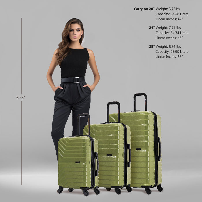 Woman standing next to three green suitcases with size and weight information displayed.