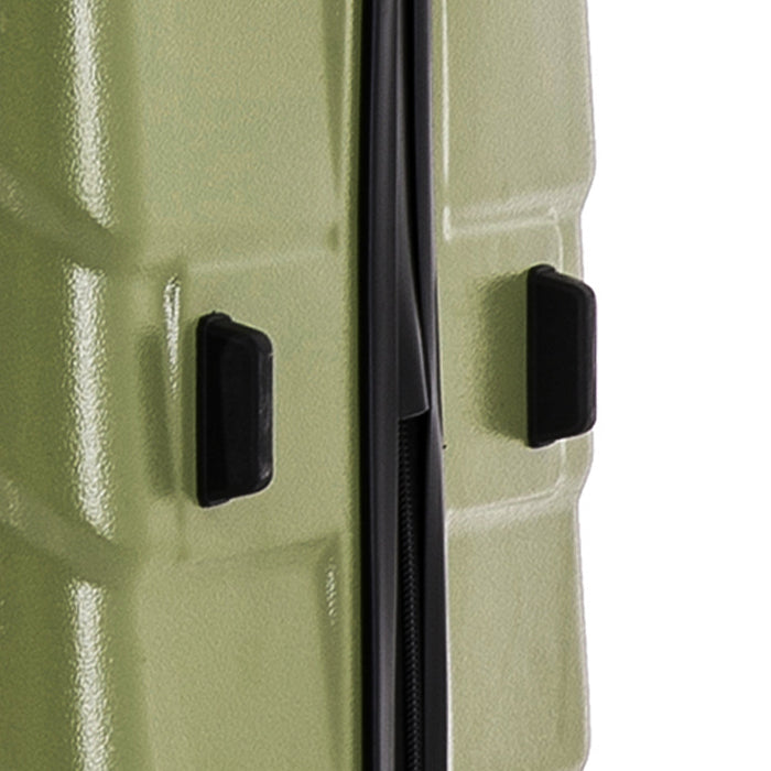 Close-up of a green suitcase with black locks on a white background