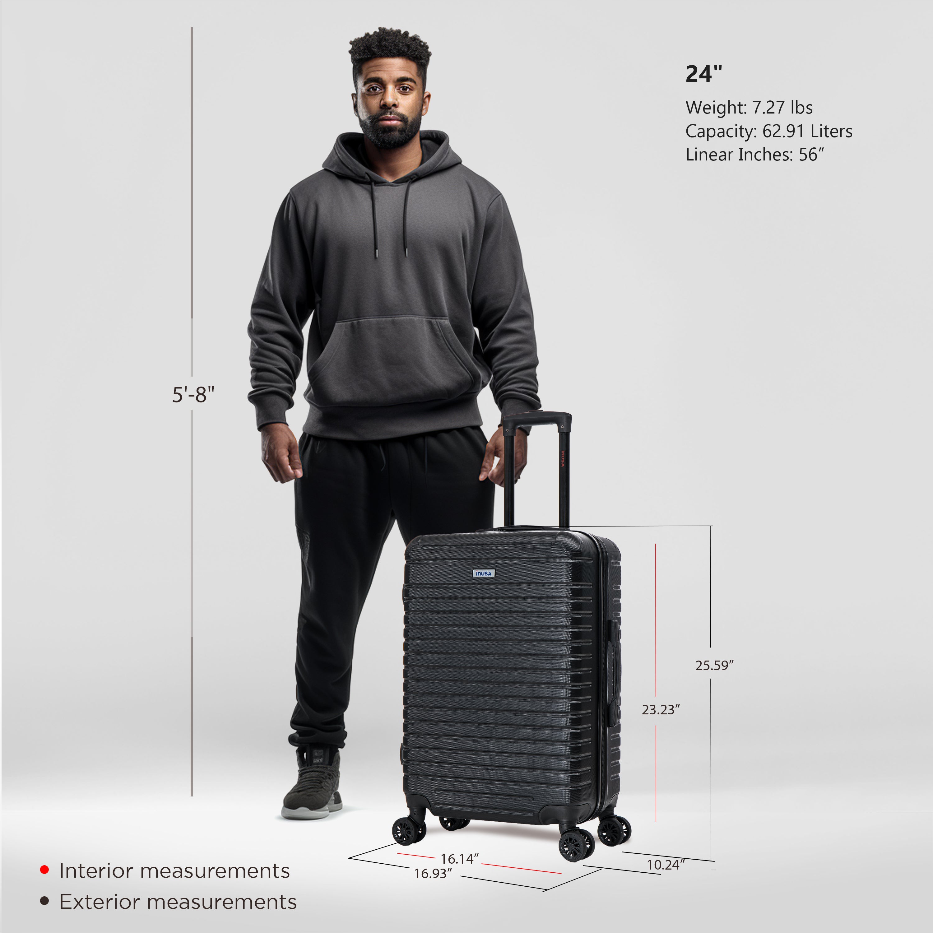 Man standing next to a black suitcase with measurements displayed