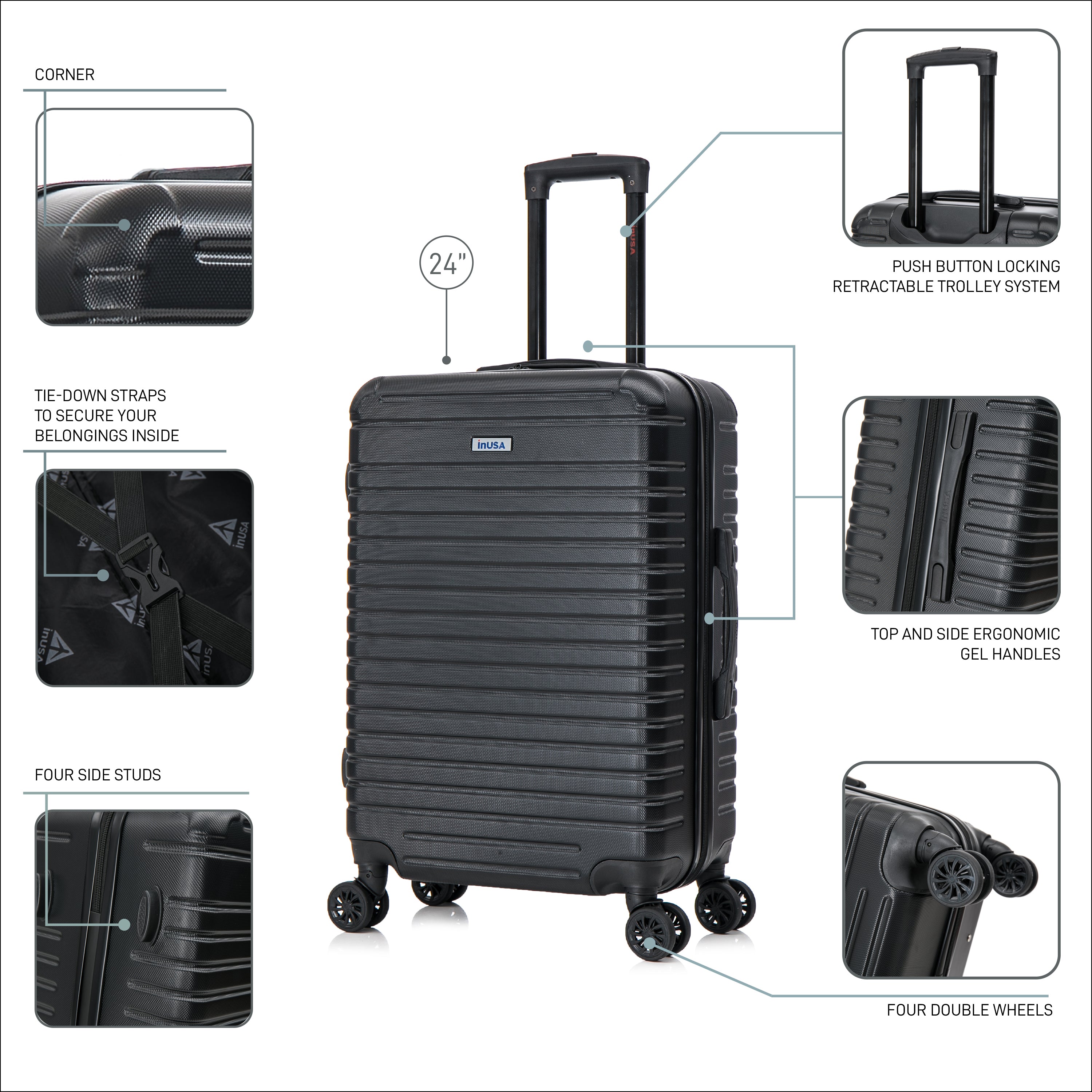 Black suitcase with features highlighted on a white background