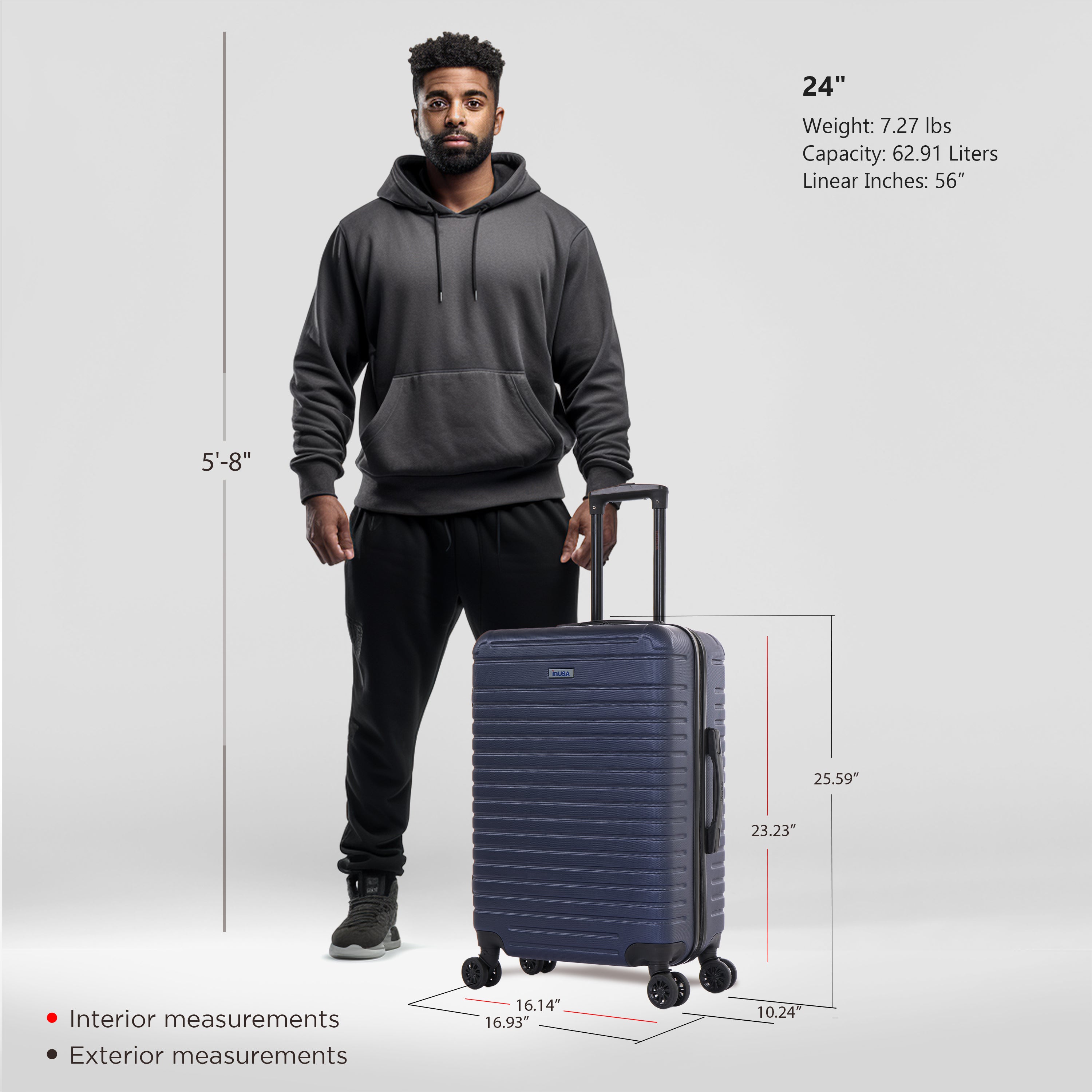 Man holding a navy suitcase with measurements displayed on a gray background