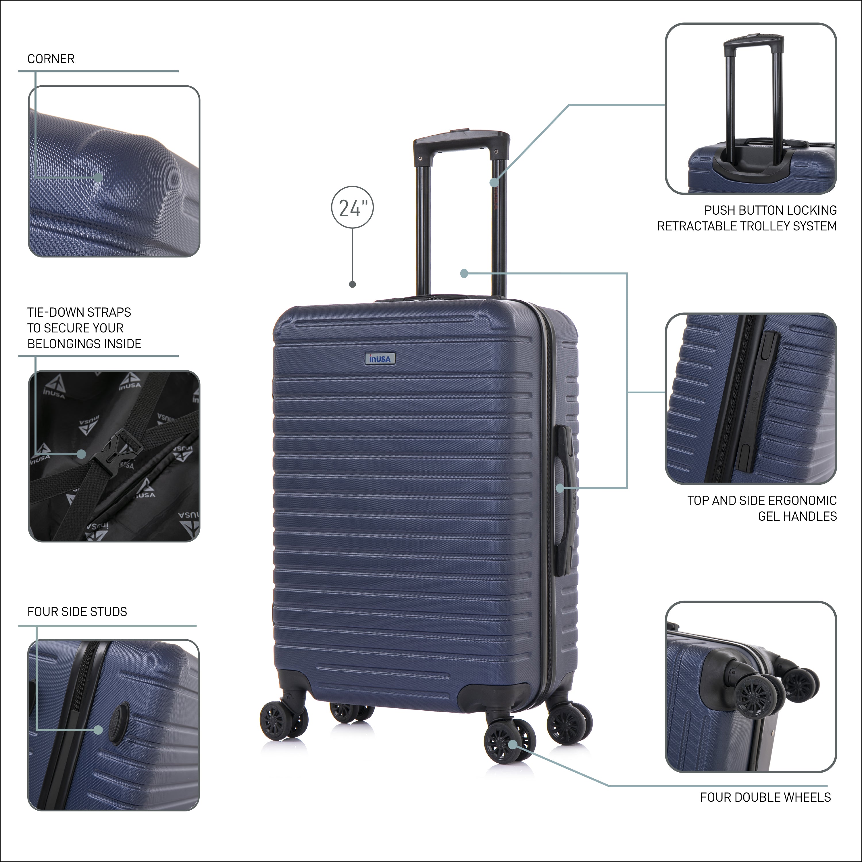 Blue suitcase with features highlighted on a white background
