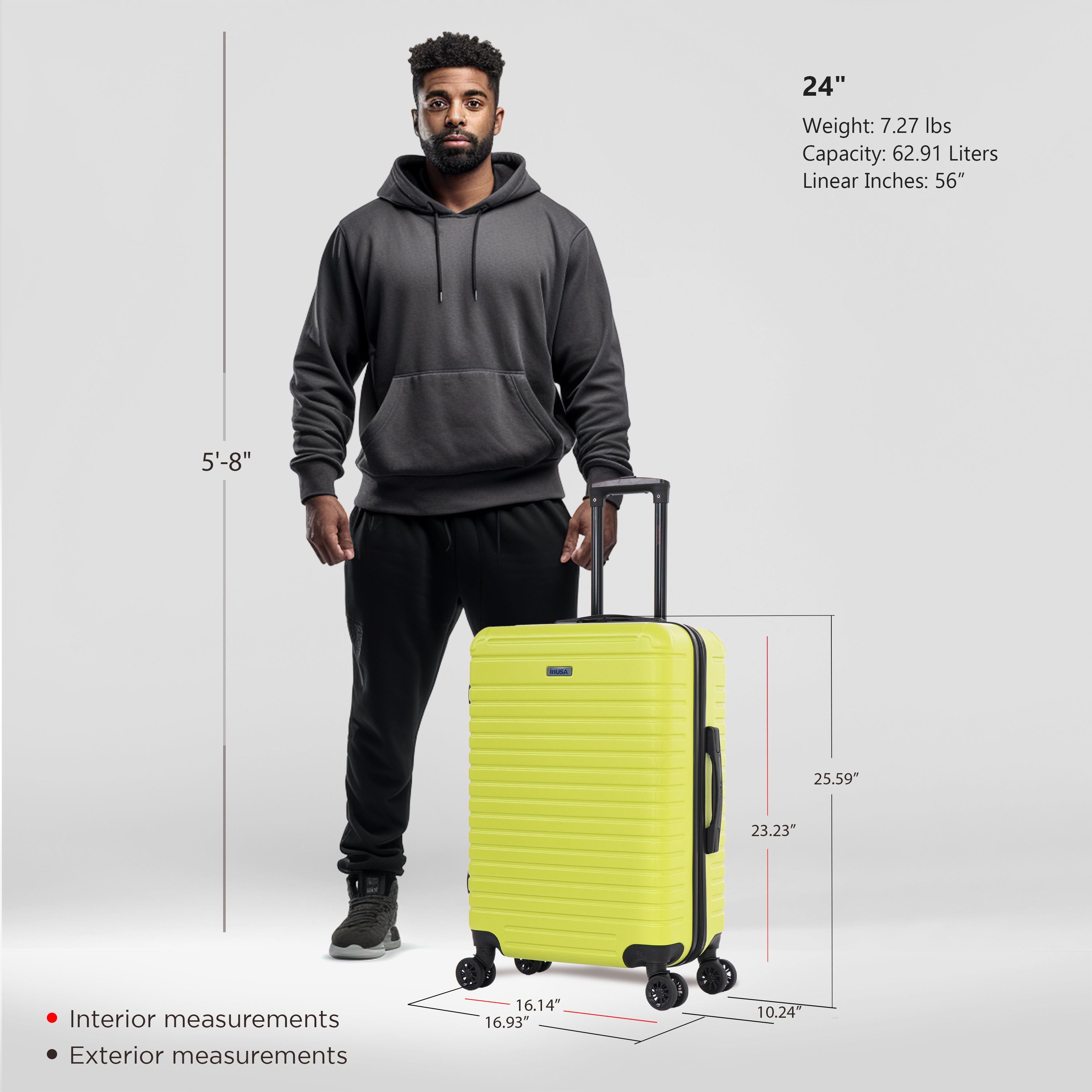 Man holding a yellow suitcase with measurements displayed