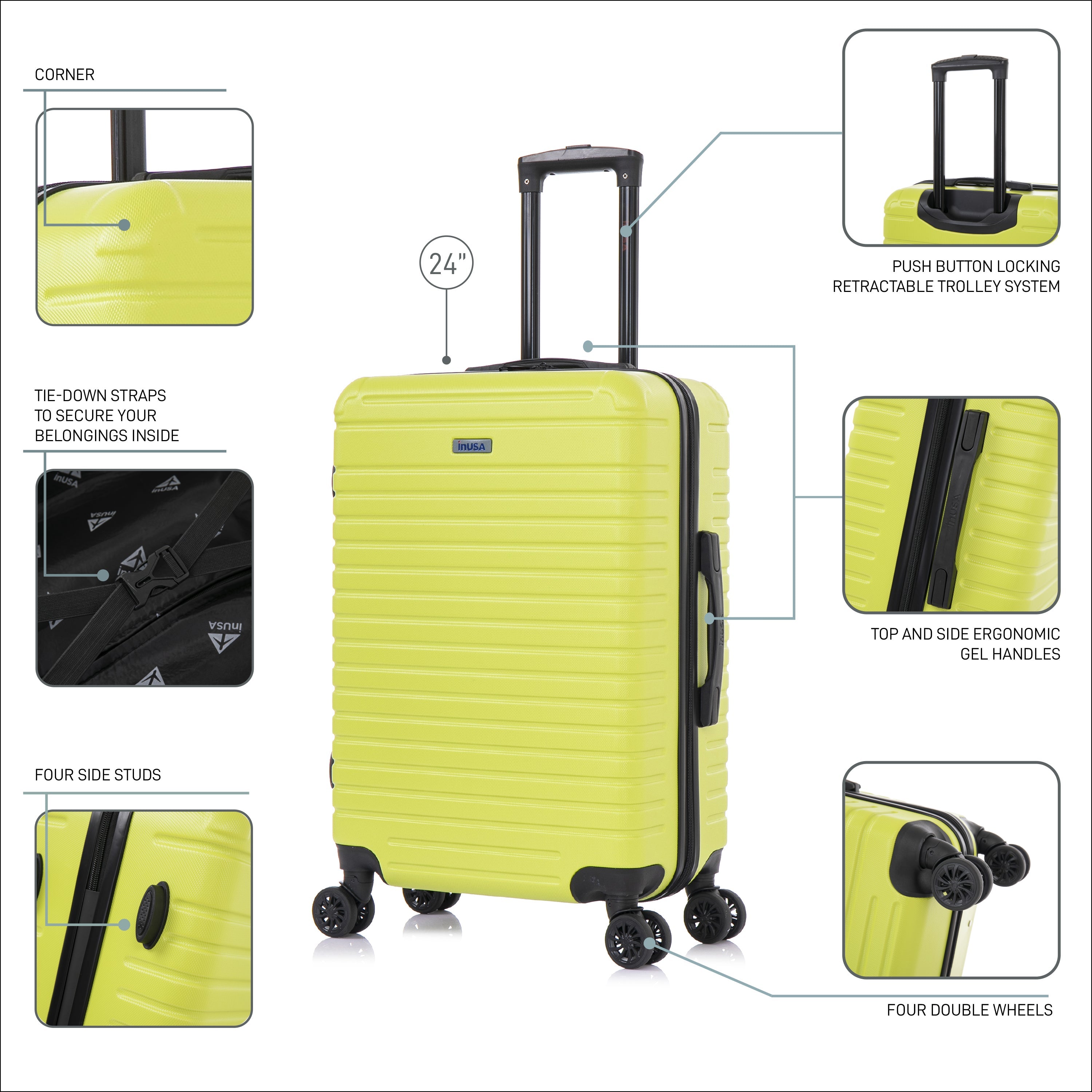 Yellow suitcase with features highlighted on a white background