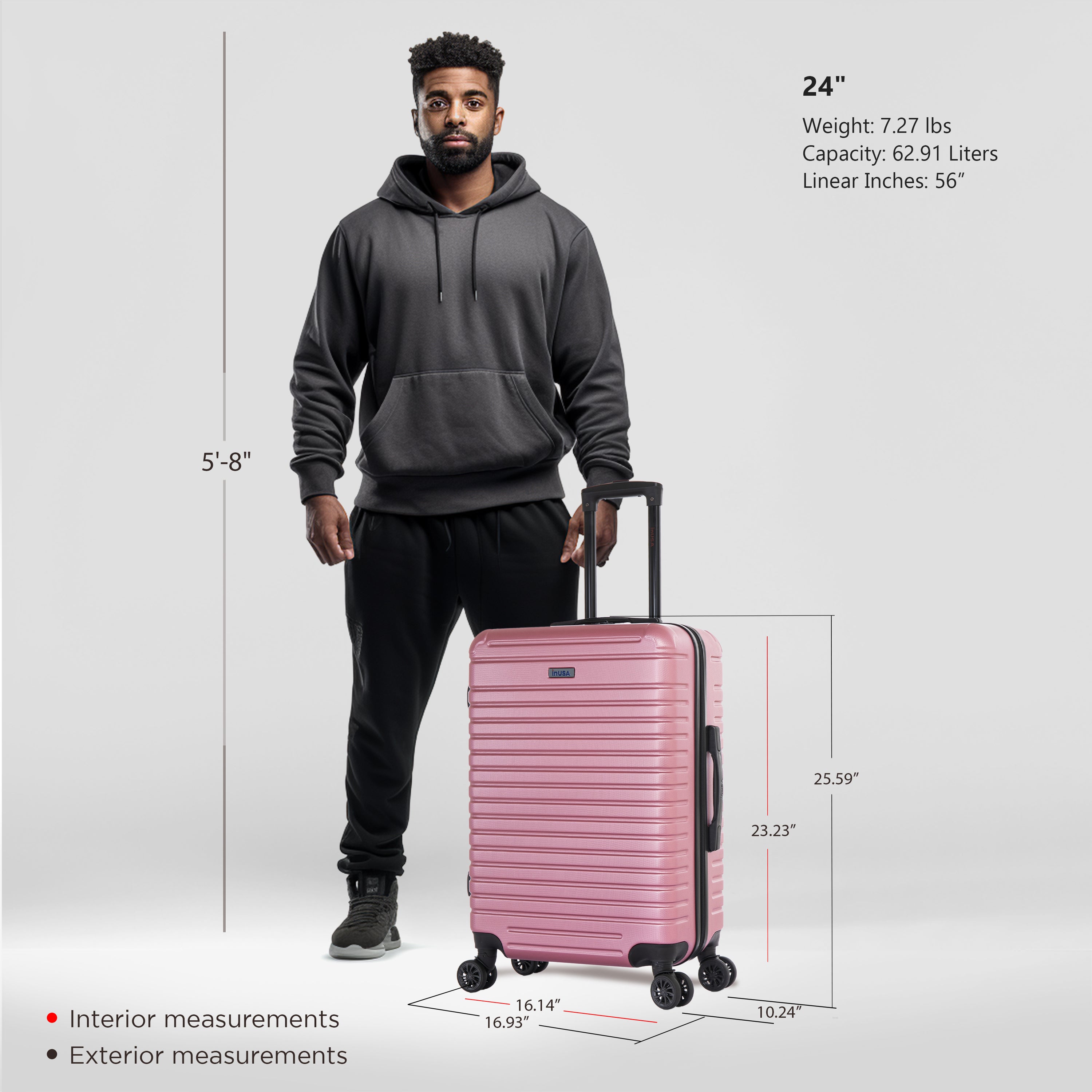 Man holding a pink suitcase with measurements displayed