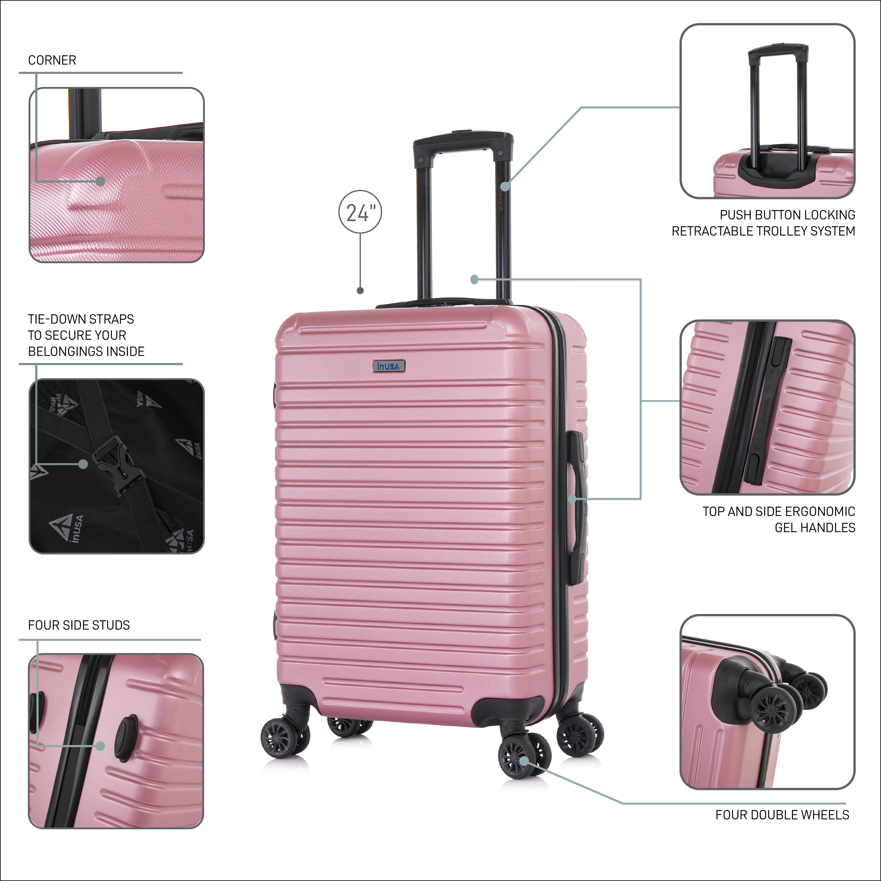 Pink suitcase with features highlighted on a white background
