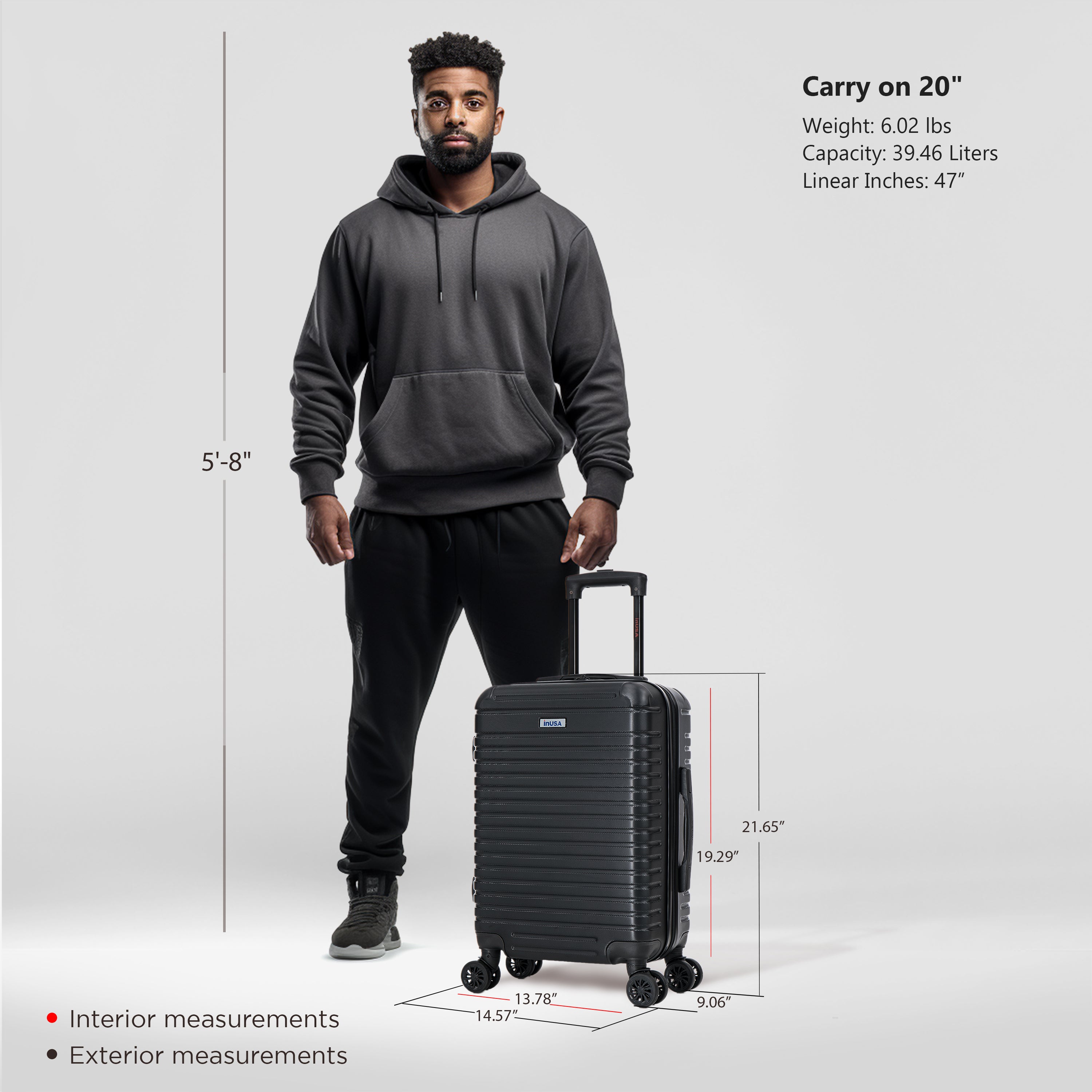 Man standing next to a black suitcase with measurements displayed