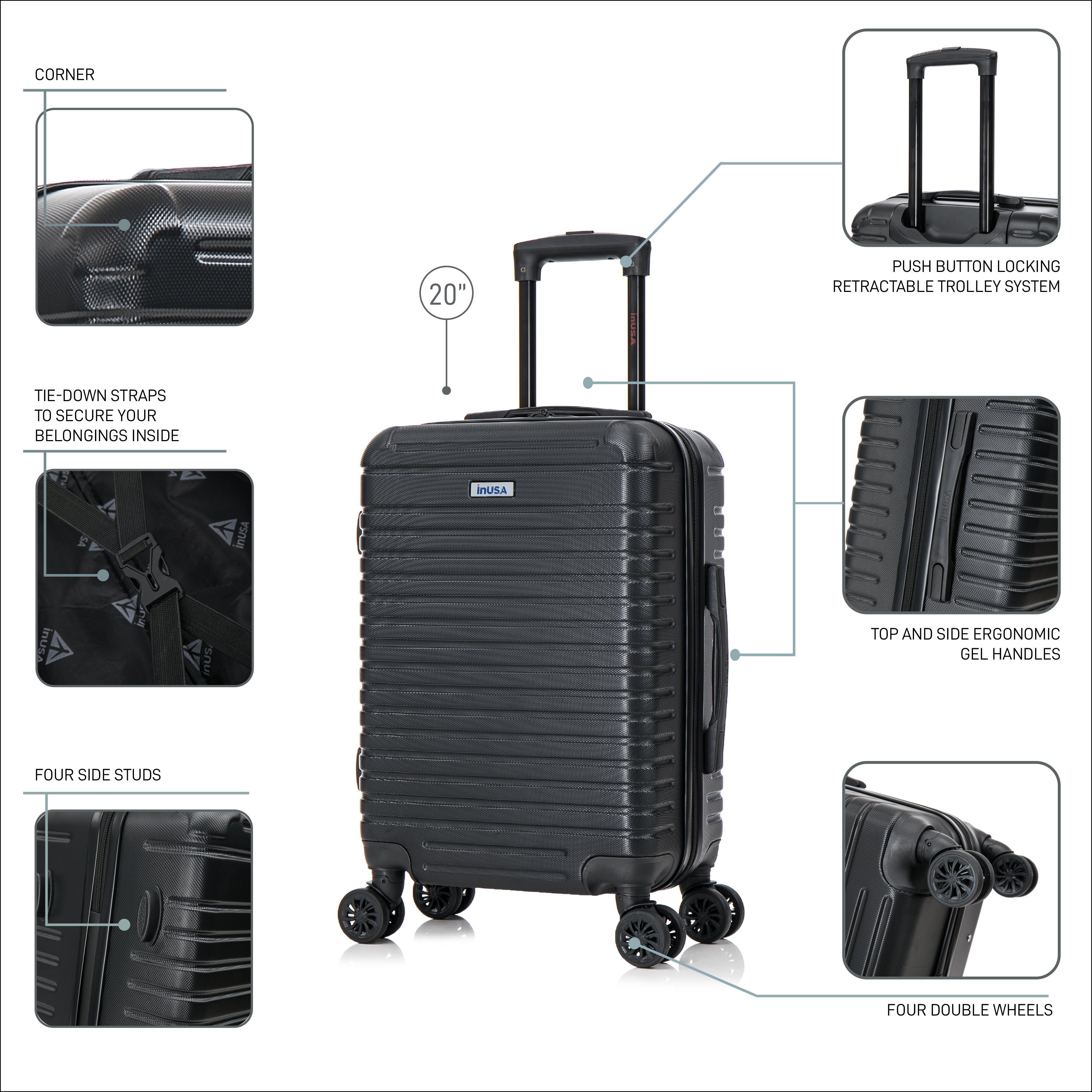 Black suitcase with features highlighted on a white background