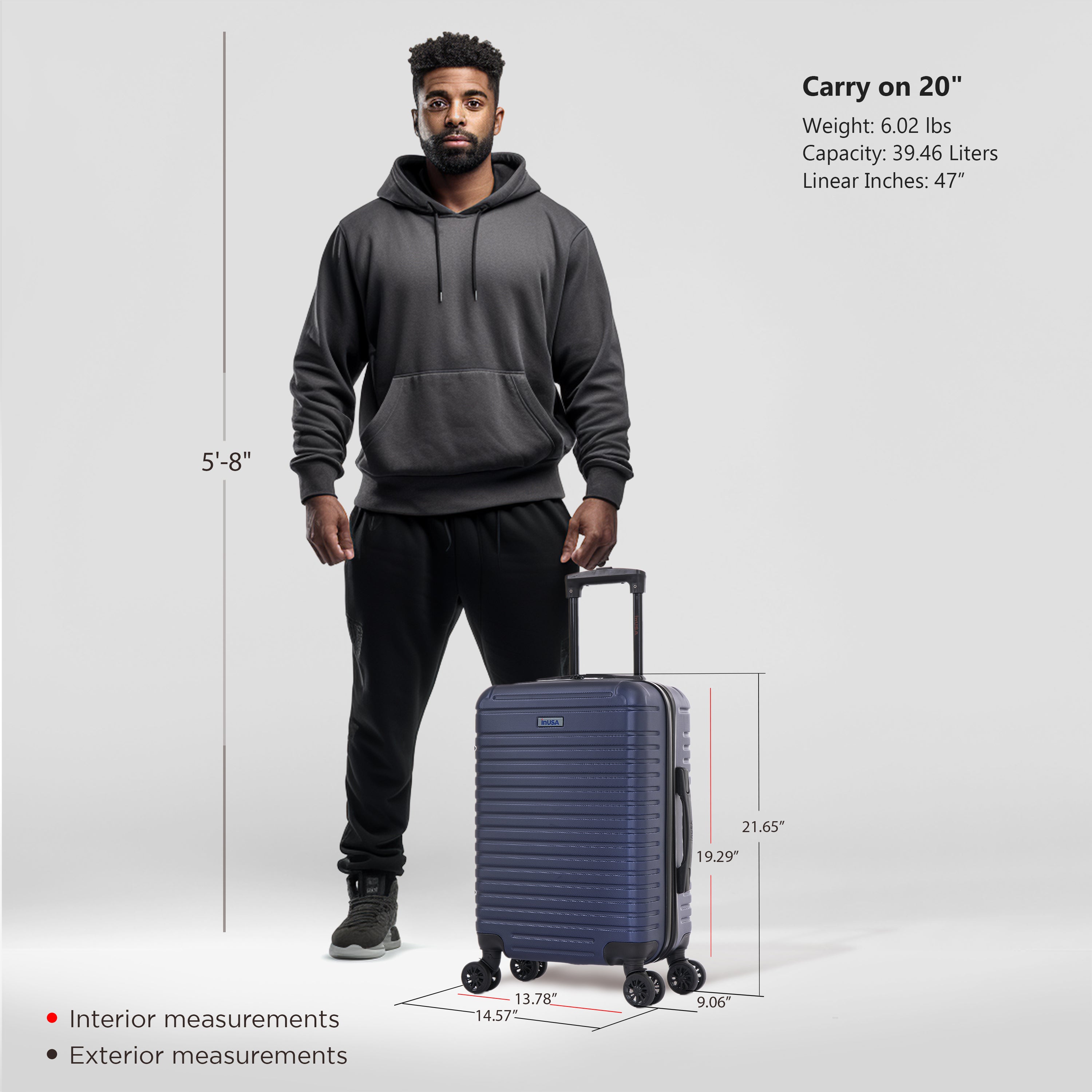 Man standing next to a blue suitcase with measurements displayed