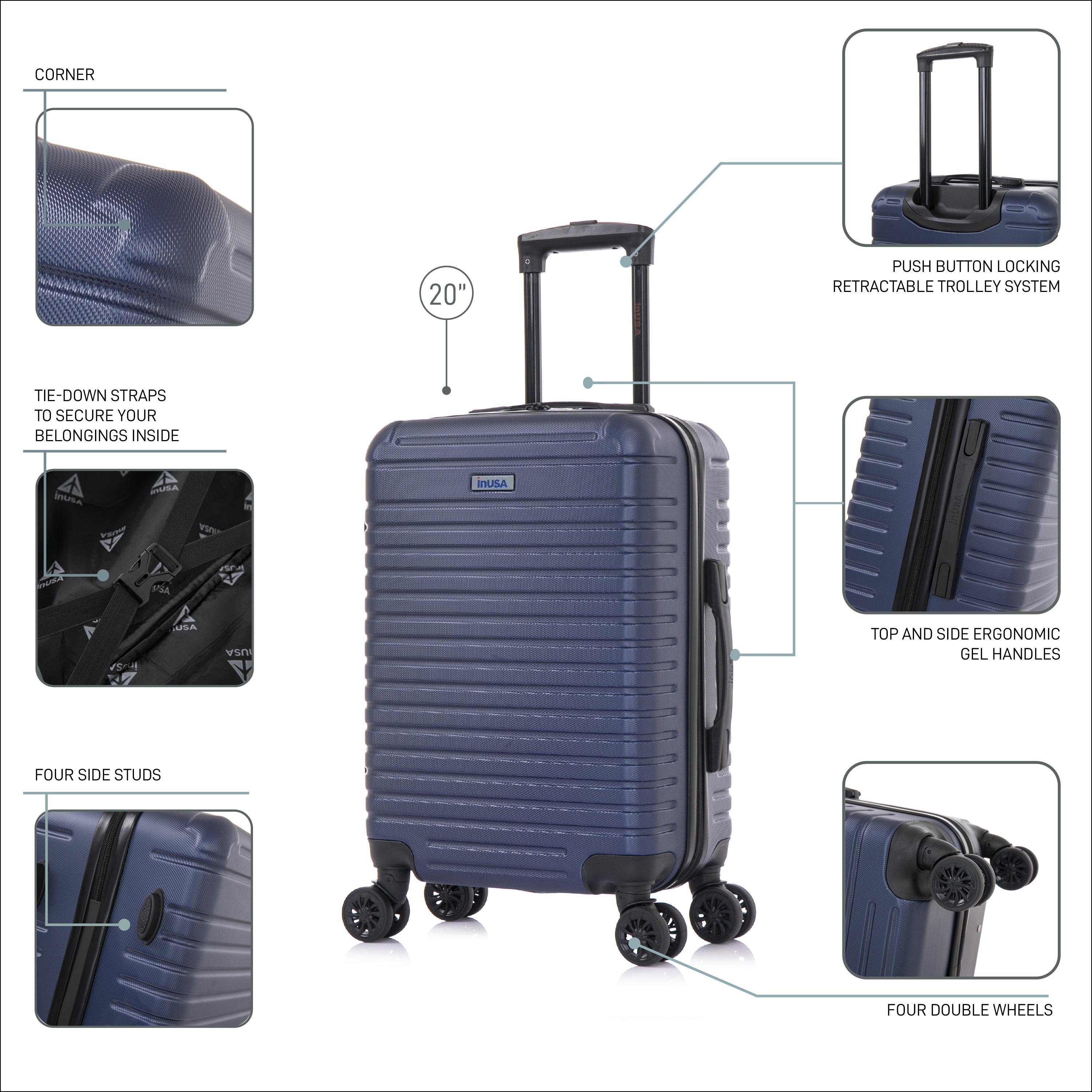 Blue suitcase with features highlighted on a white background