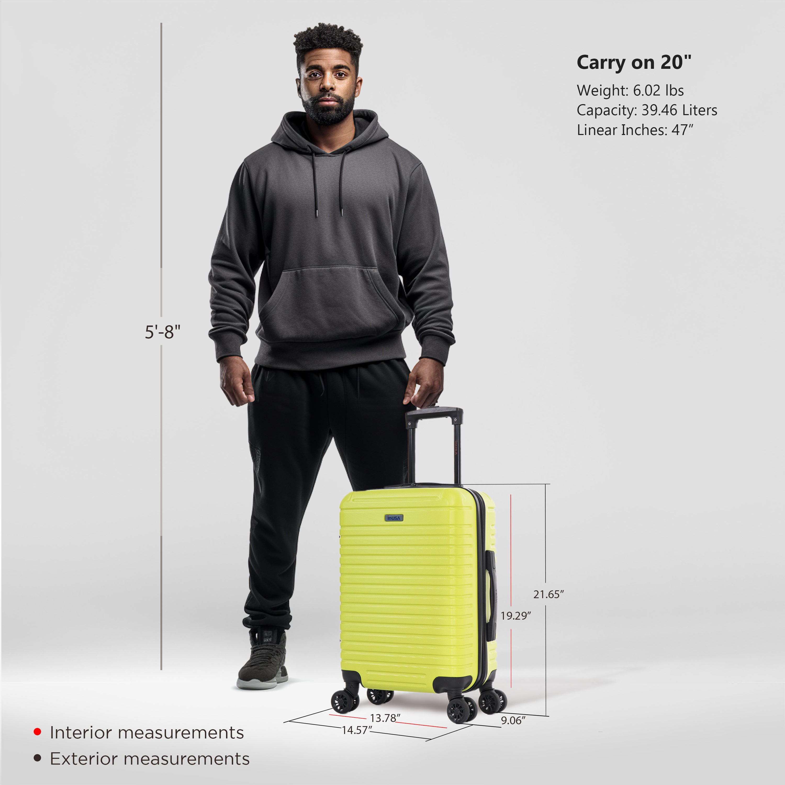 Man holding a yellow suitcase with measurements displayed