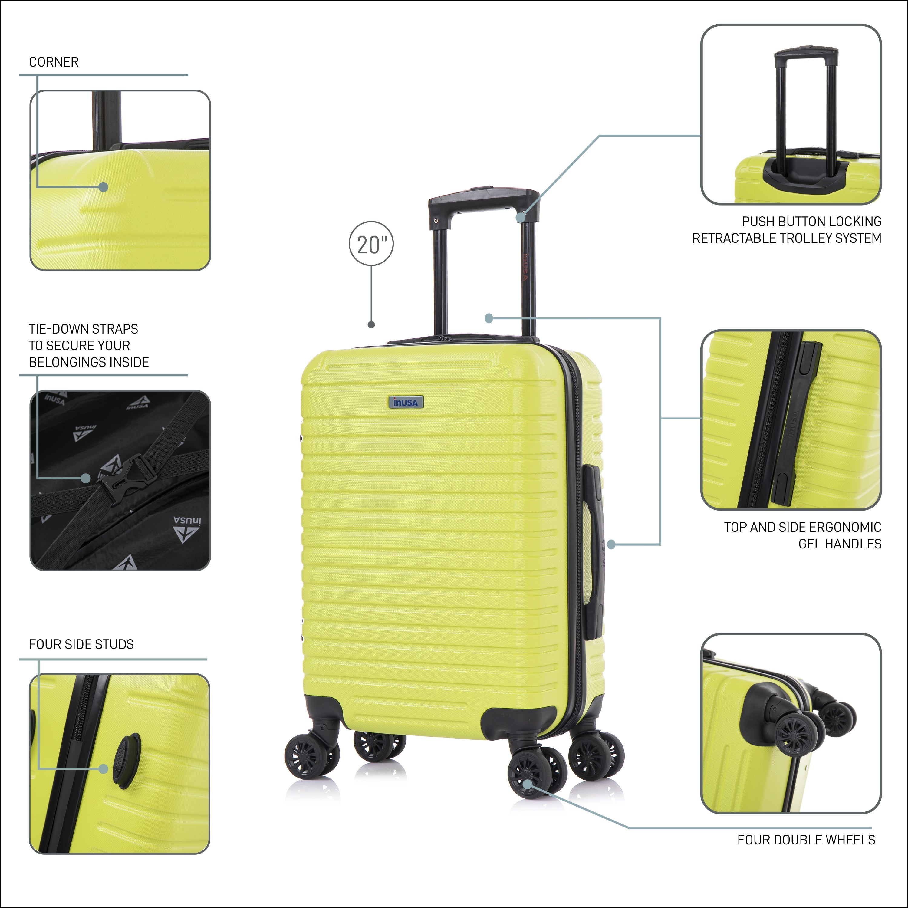 Yellow suitcase with features highlighted on a white background