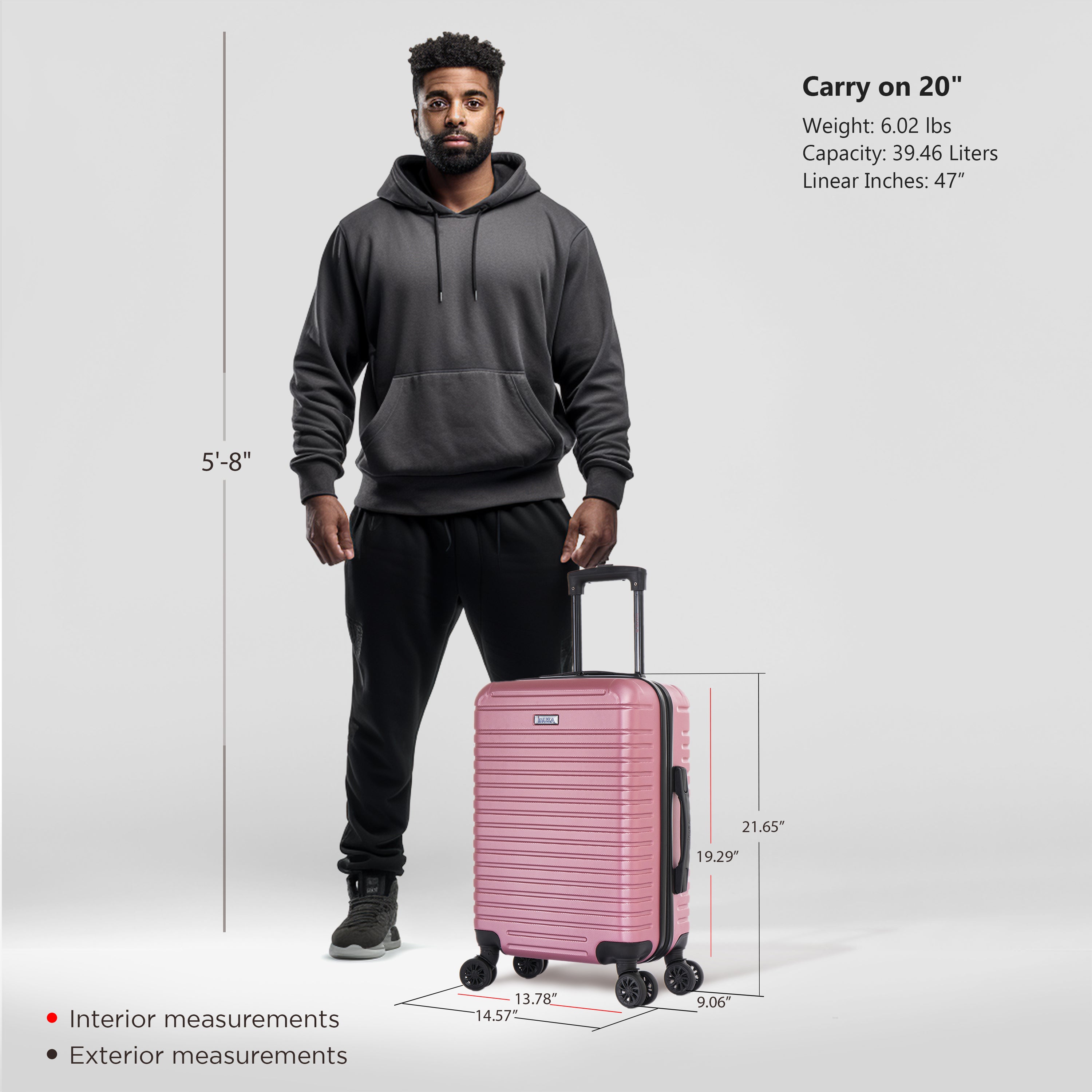 Man standing next to a pink suitcase with measurements displayed