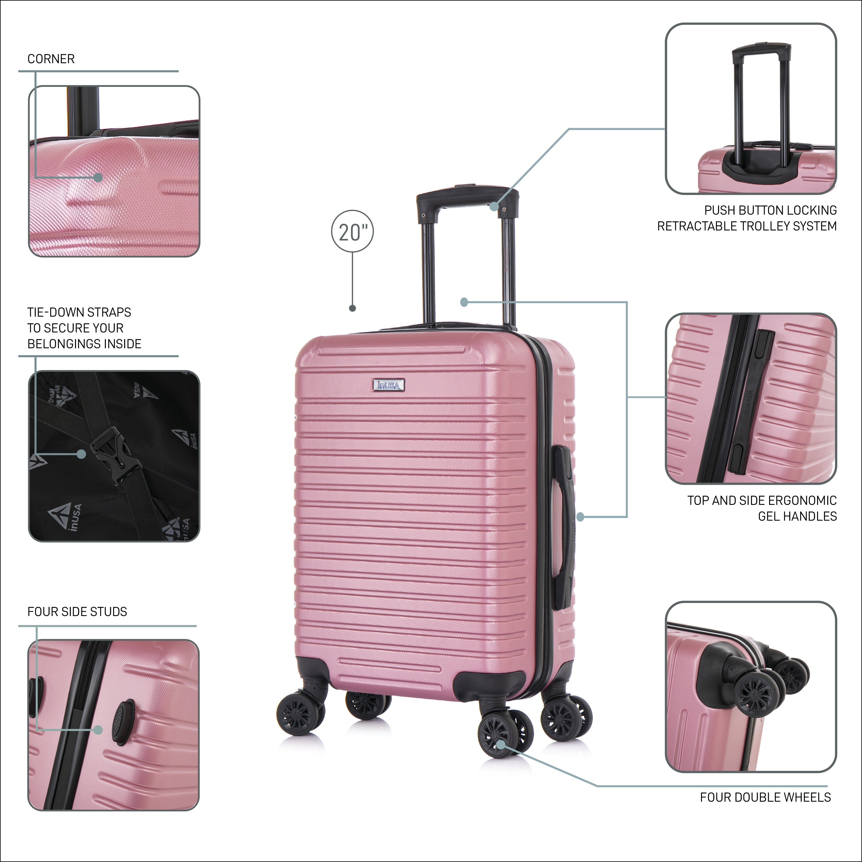Pink suitcase with features highlighted on a white background