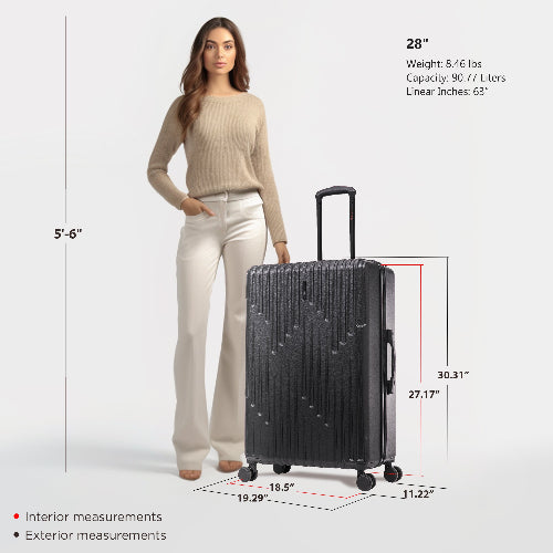 Woman standing next to a black suitcase with measurements displayed