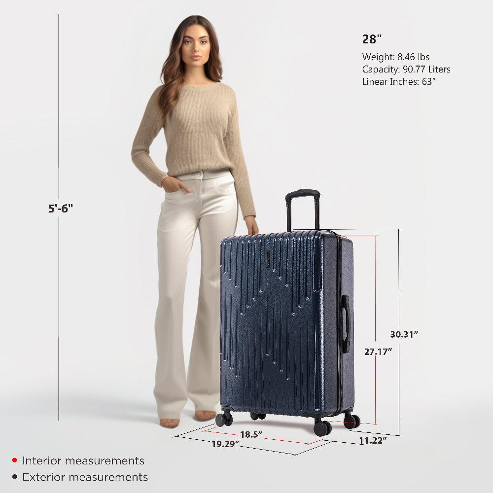 Woman standing next to a navy suitcase with measurements displayed