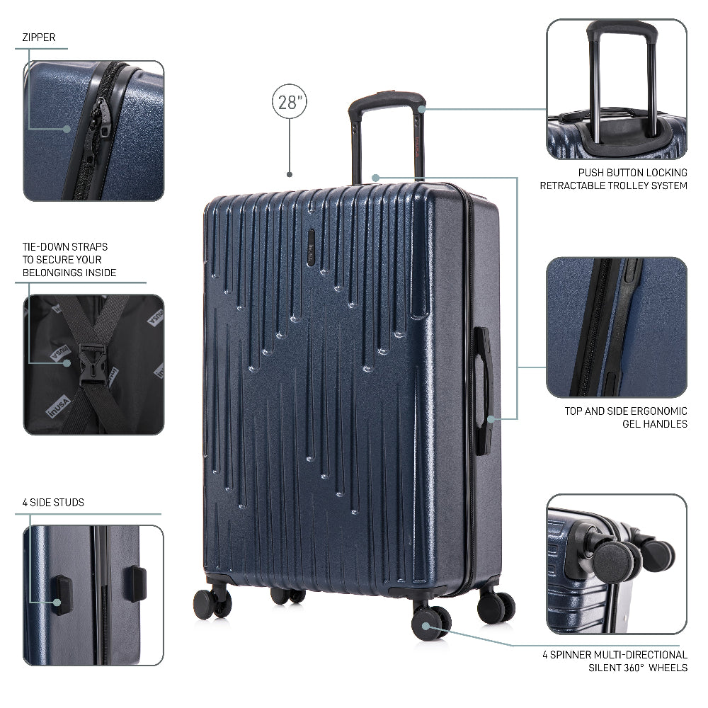 Navy blue suitcase with features highlighted on a white background