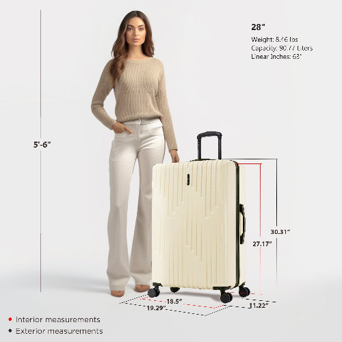 Woman holding a large beige suitcase with measurements displayed on a white background