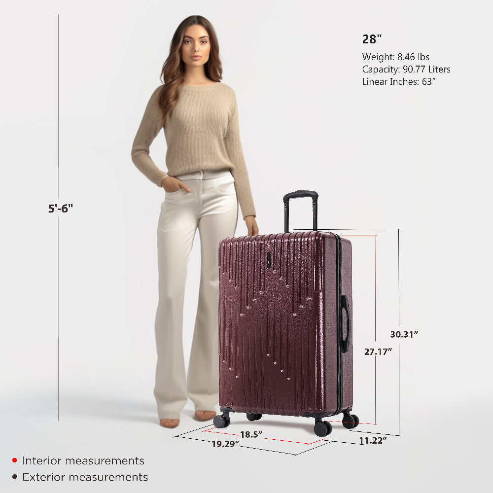 Woman standing next to a purple suitcase with measurements displayed