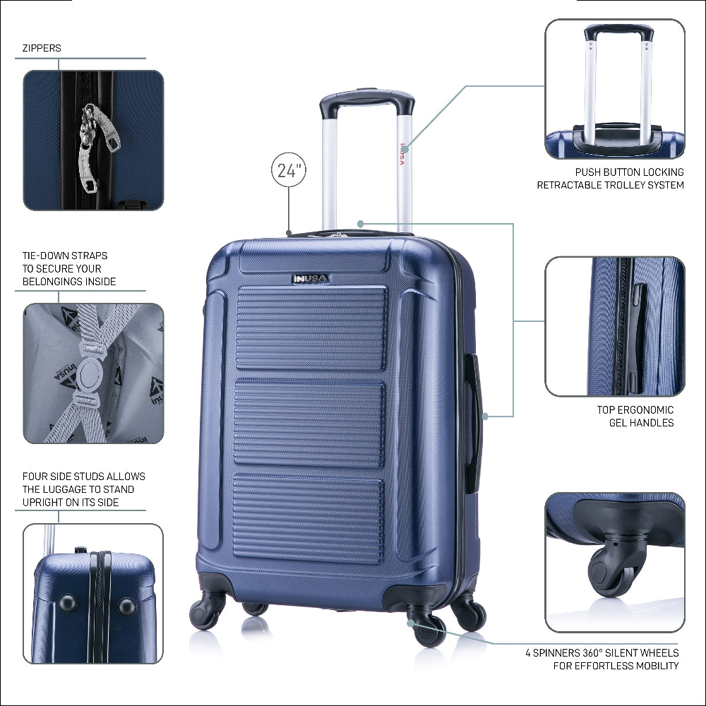 Blue suitcase with features highlighted on a white background