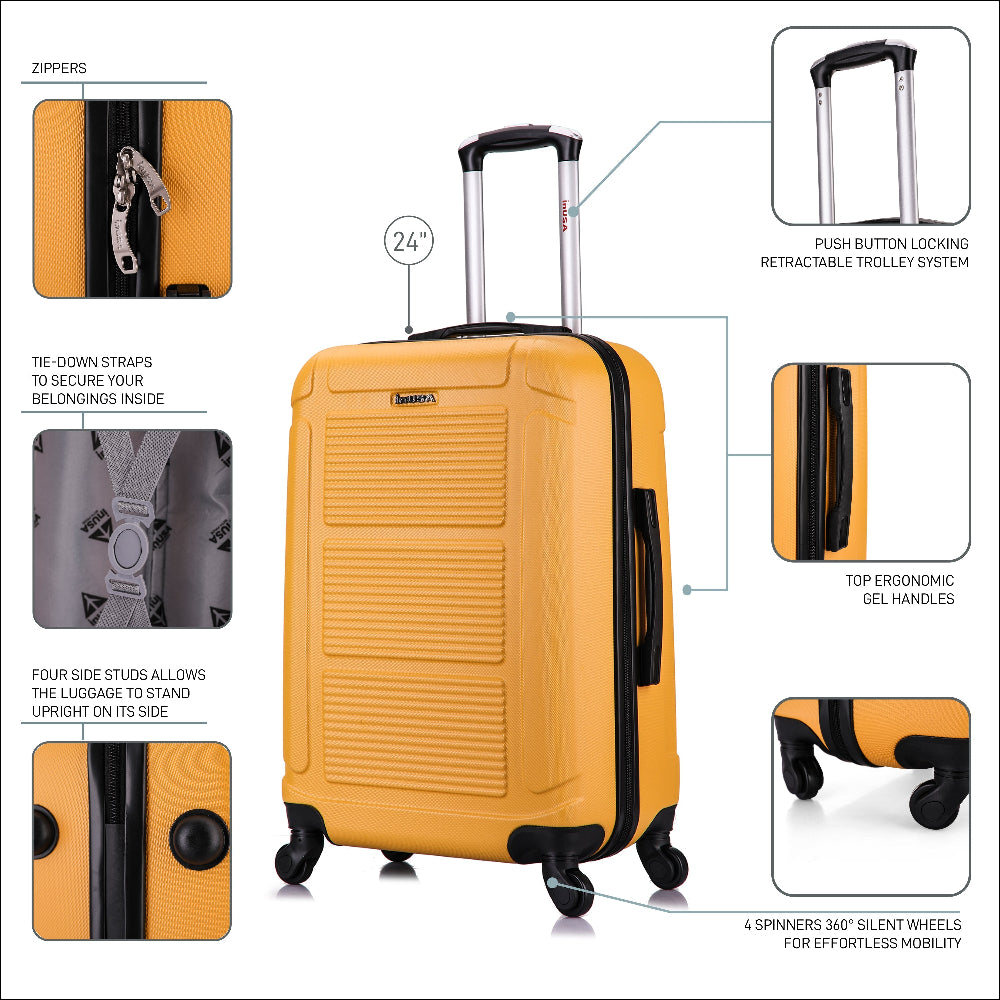 Yellow suitcase with features highlighted on a white background