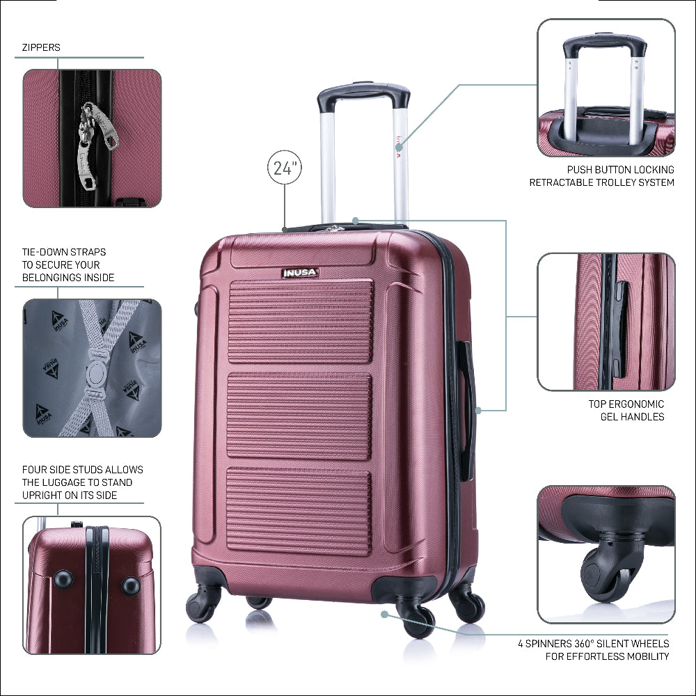 Pink suitcase with features highlighted on a white background