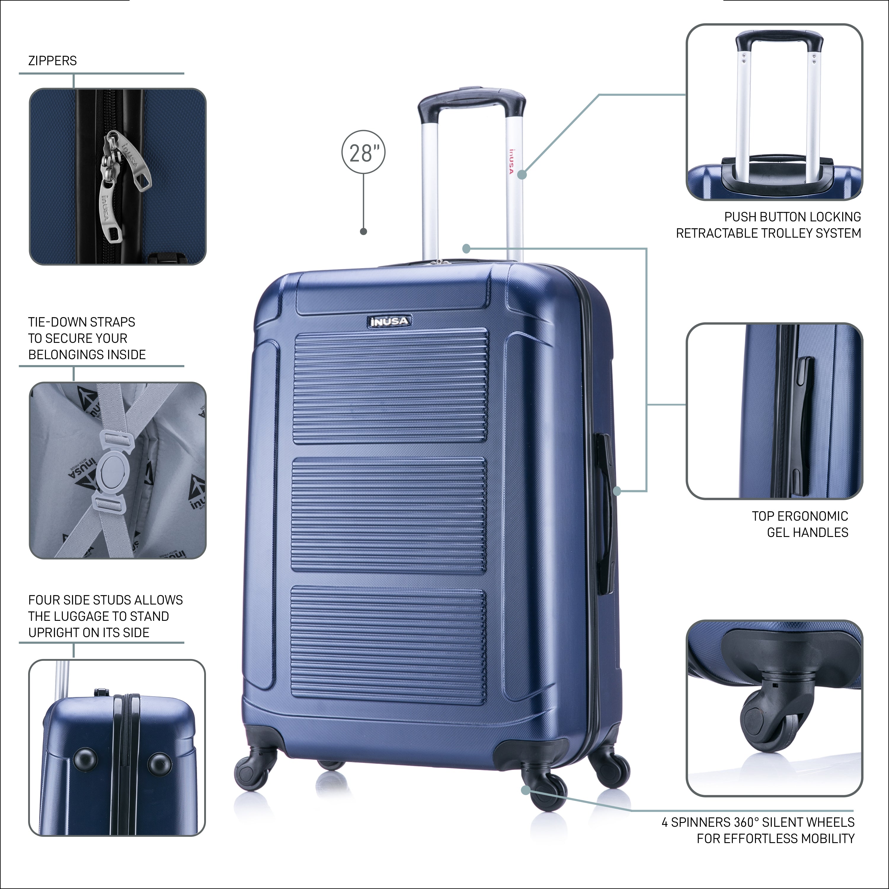 Blue suitcase with features highlighted on a white background