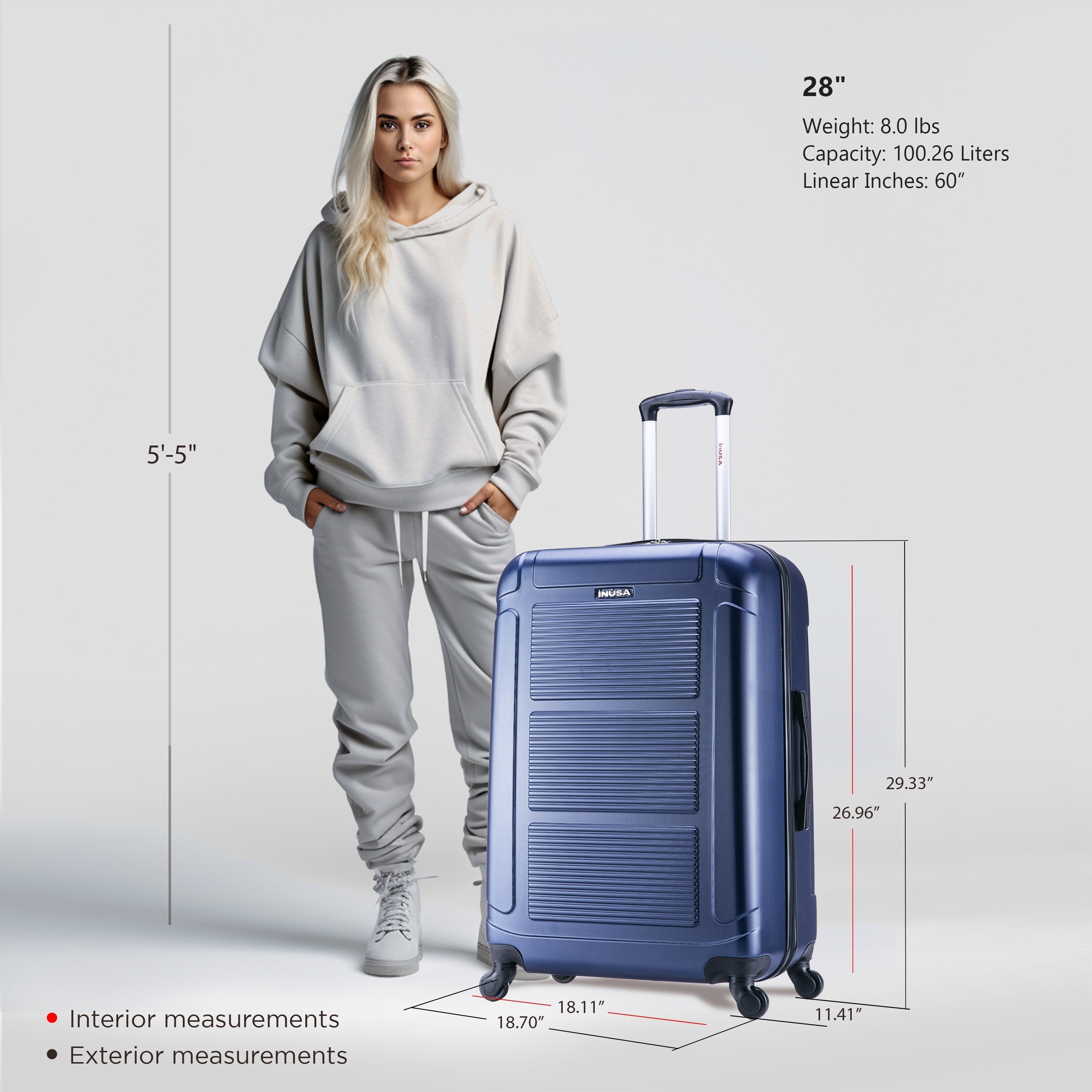 Woman standing next to a blue suitcase with measurements displayed