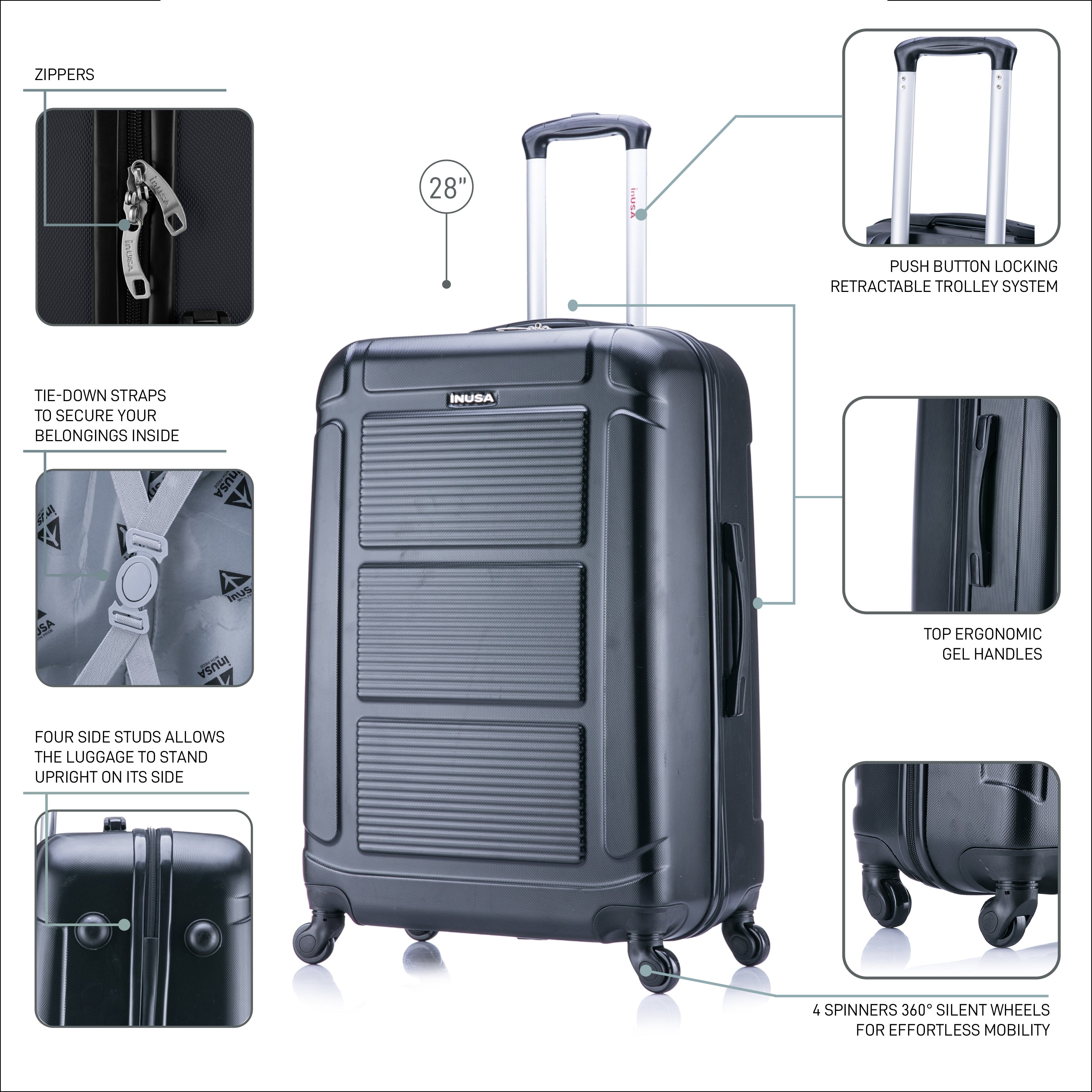 Black suitcase with features highlighted on a white background