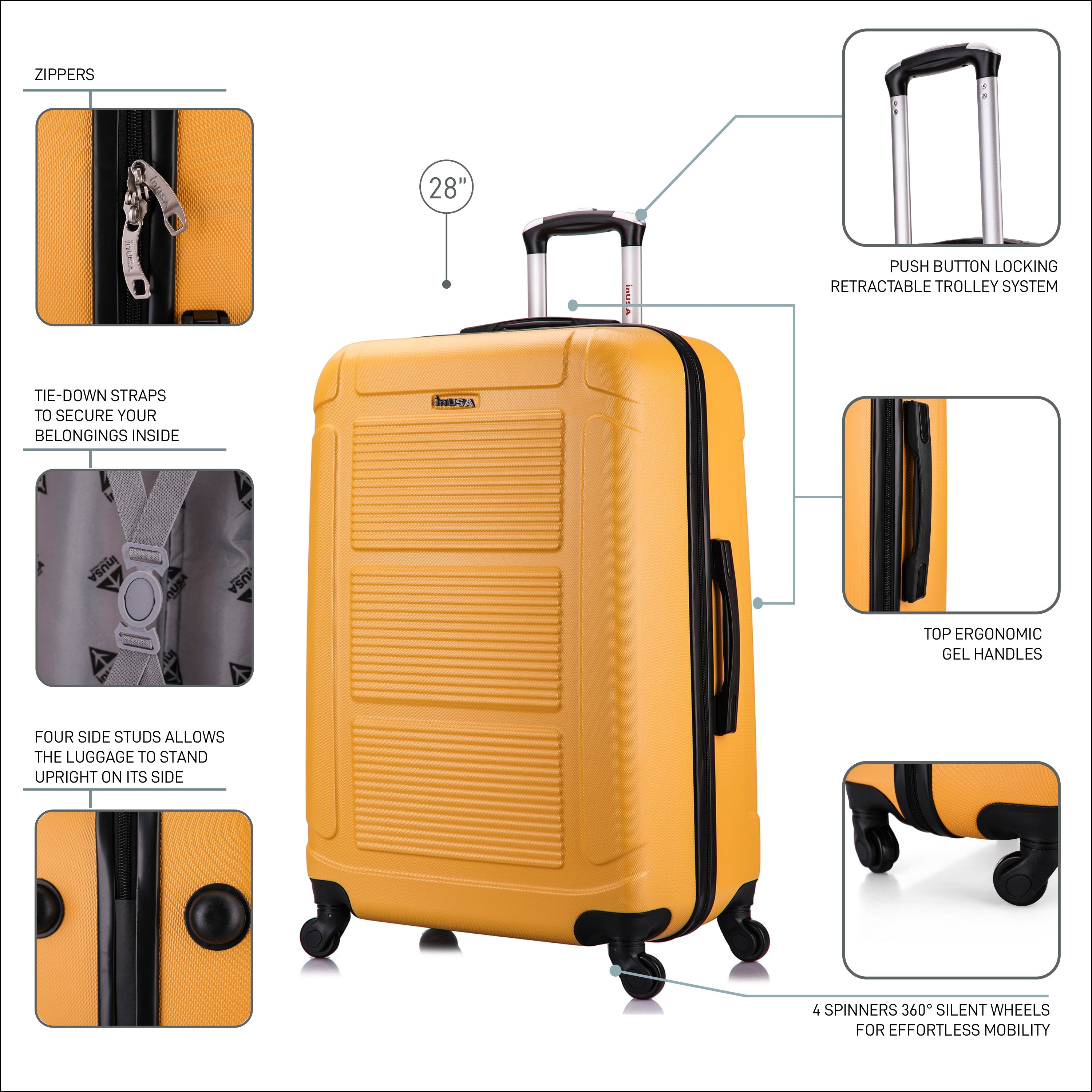 Yellow suitcase with features highlighted on a white background