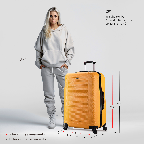 Woman standing next to a yellow suitcase with measurements displayed