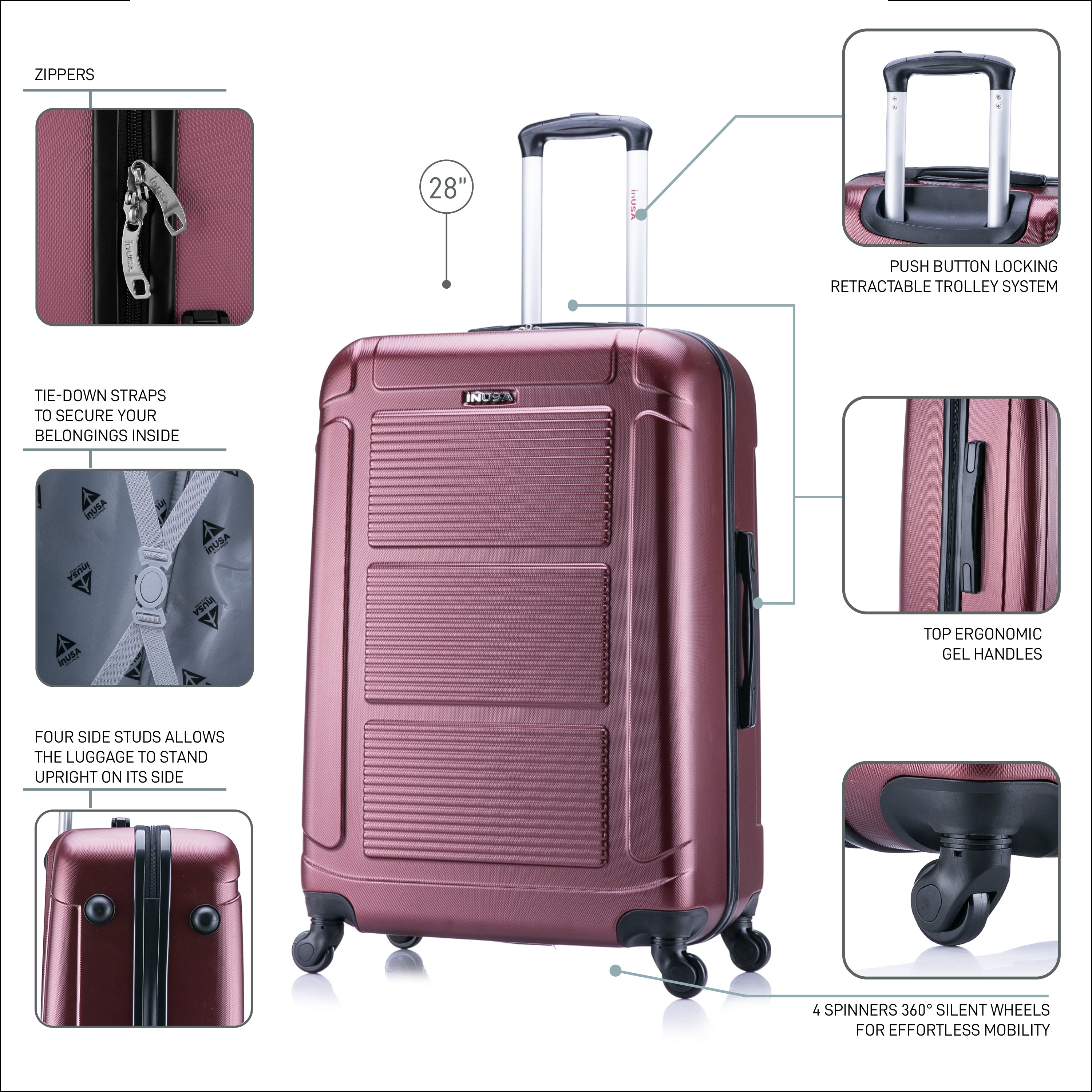 Maroon suitcase with features highlighted on a white background