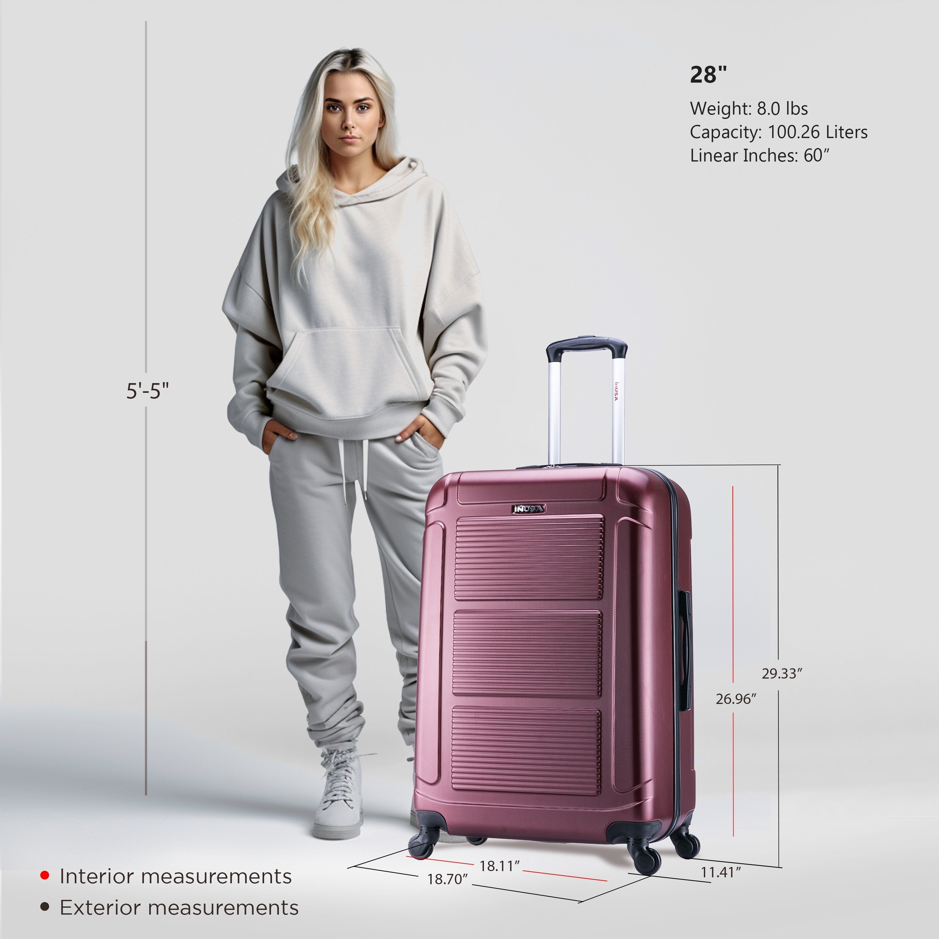 Woman standing next to a pink suitcase with measurements displayed