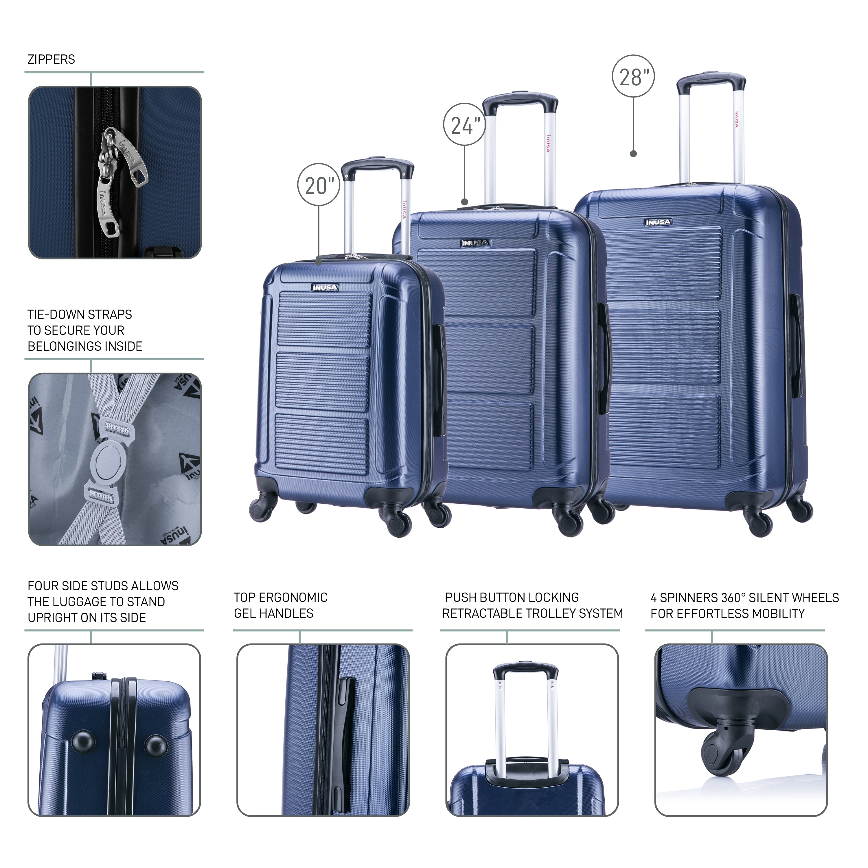 InUSA Luggage Pilot 3 Piece Set 20"/24"/28" Spinner Suitcase Collection