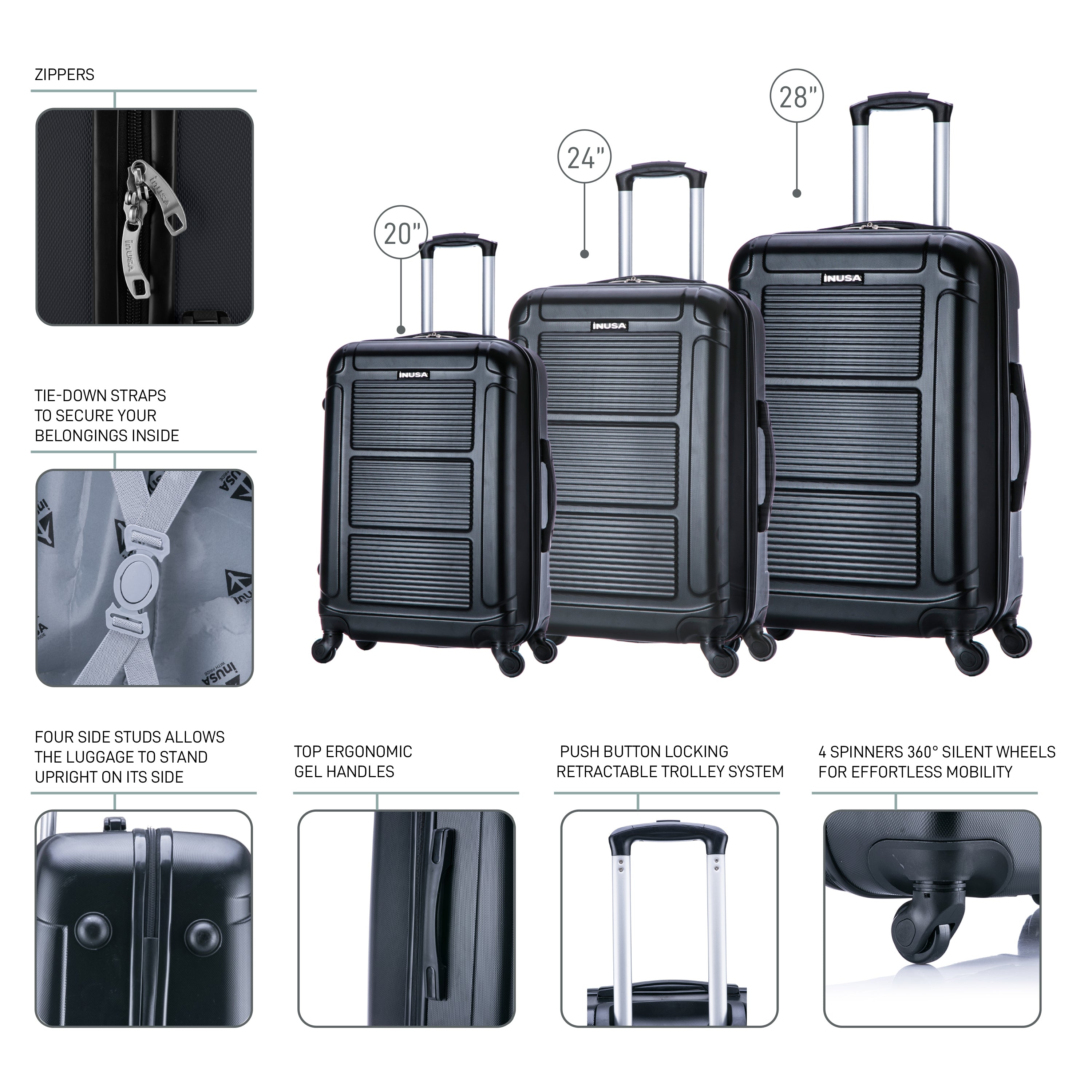 InUSA Luggage Pilot 3 Piece Set 20"/24"/28" Spinner Suitcase Collection