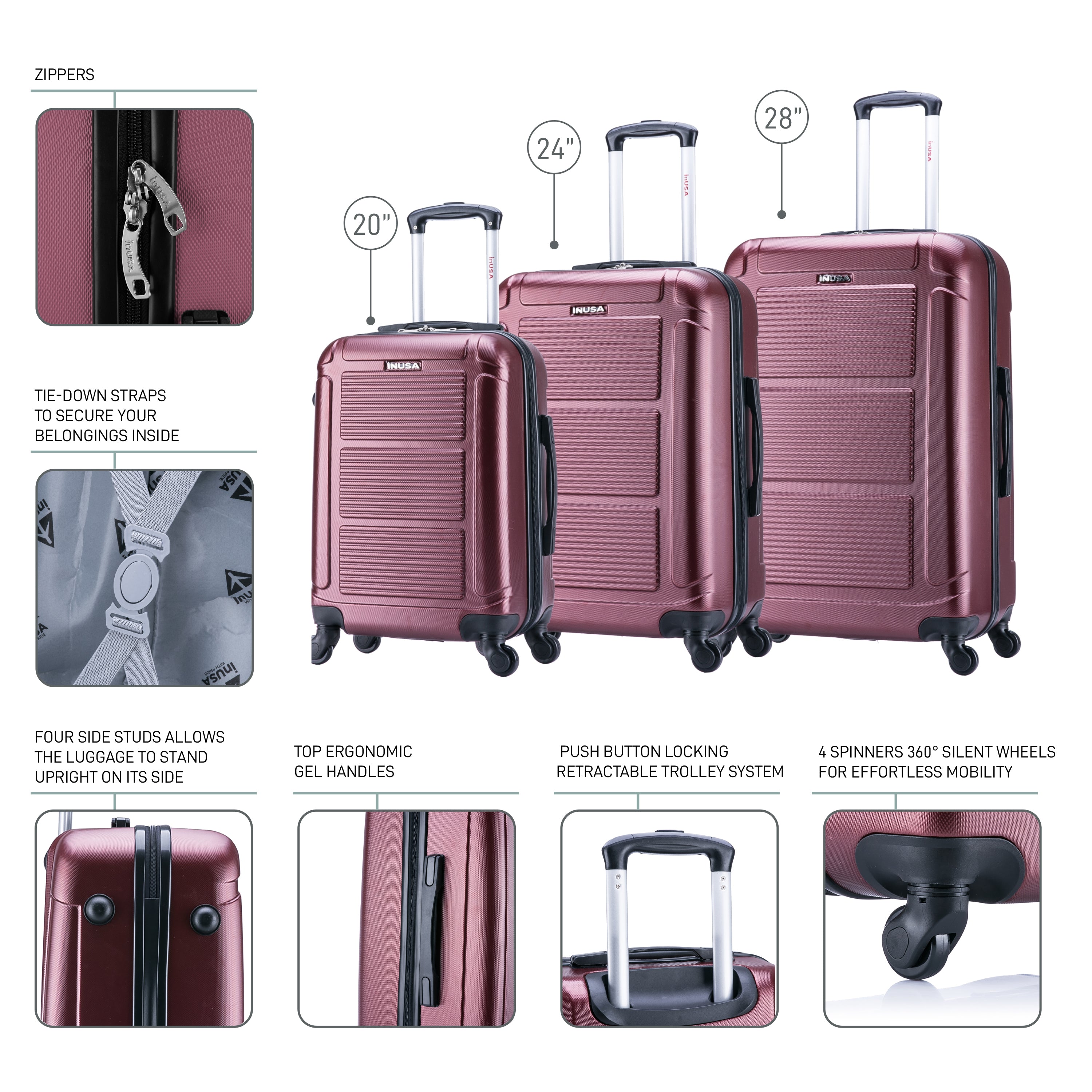 InUSA Luggage Pilot 3 Piece Set 20"/24"/28" Spinner Suitcase Collection
