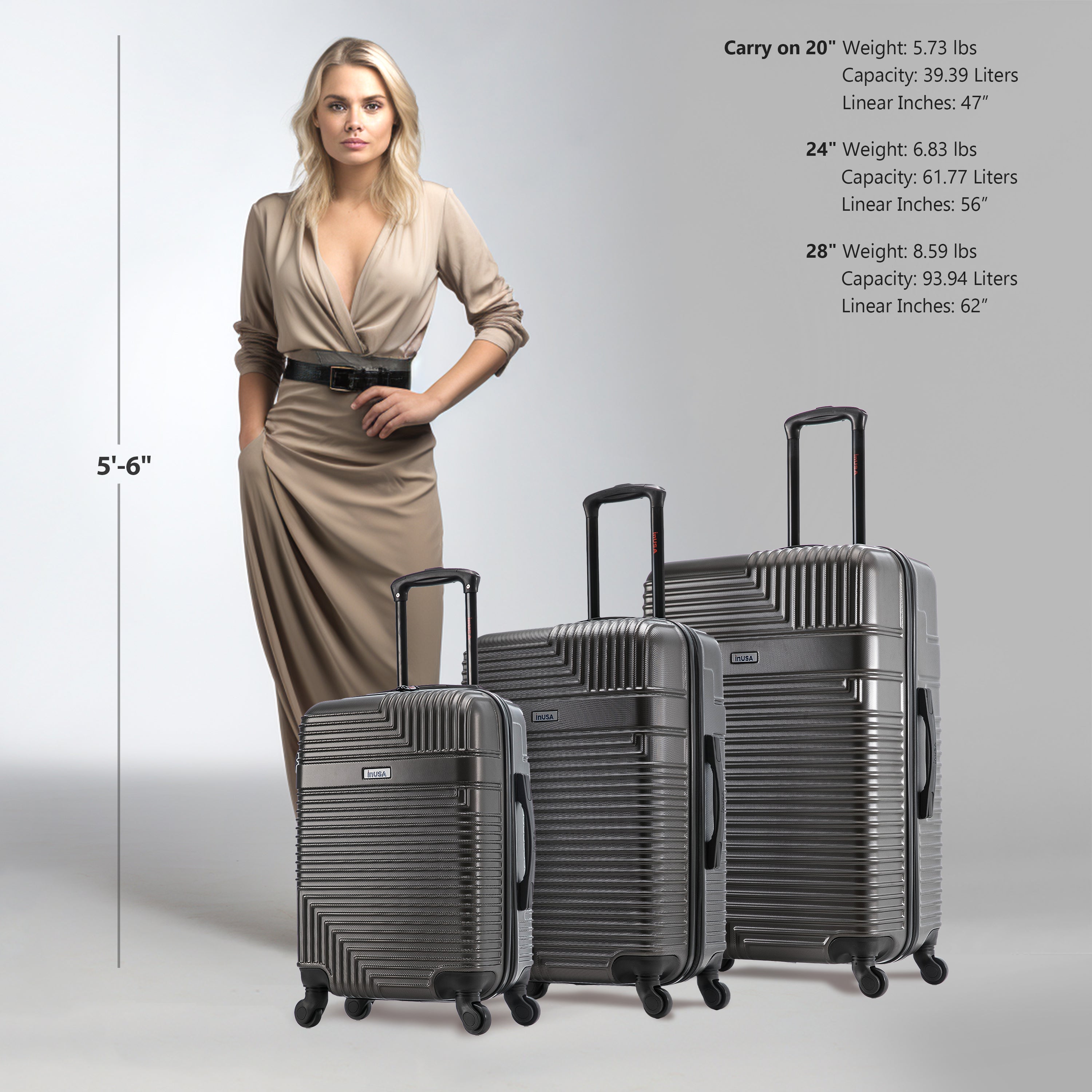 Woman standing next to three suitcases with size and weight information displayed.