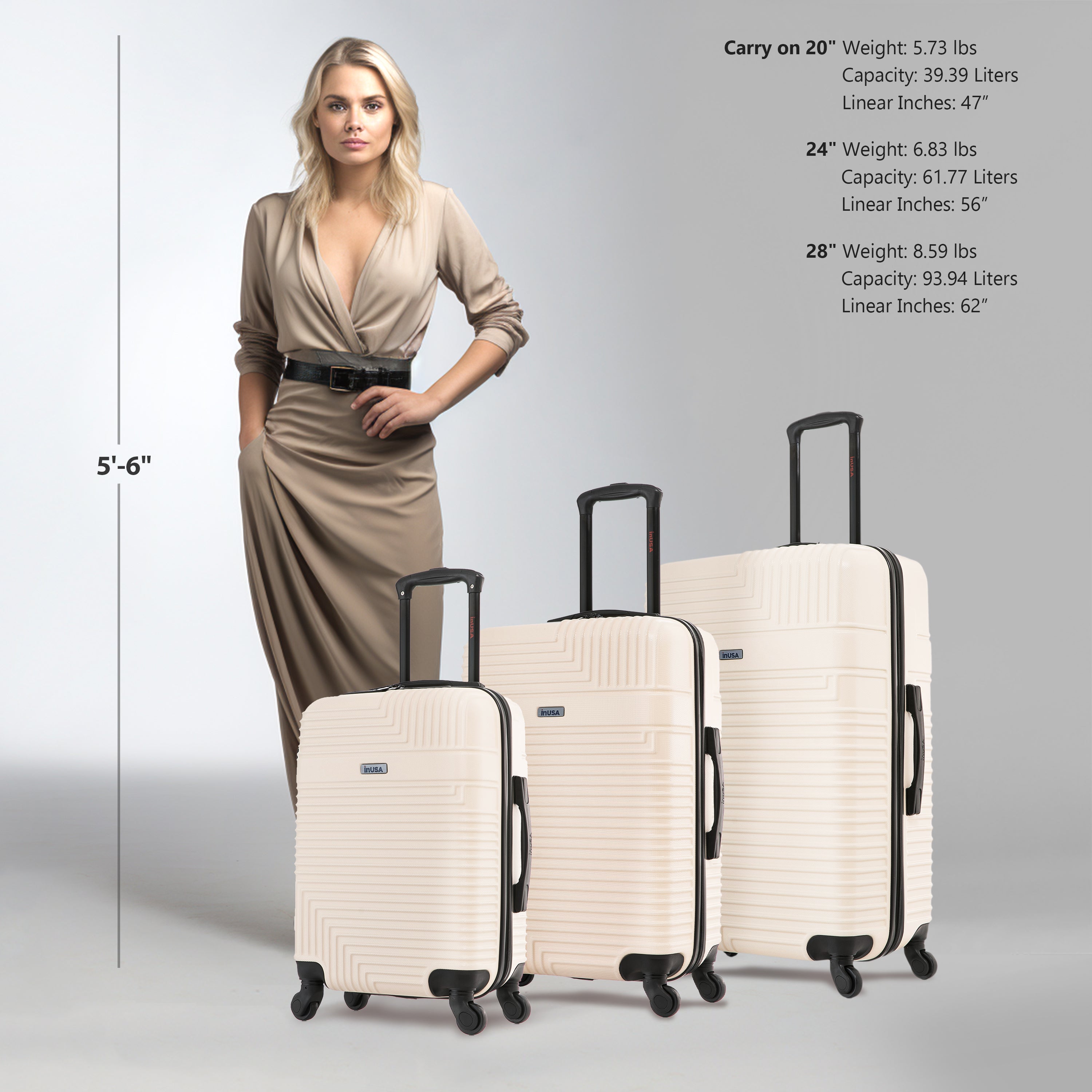 Woman in a beige dress standing next to three beige suitcases with dimensions and weight information displayed.