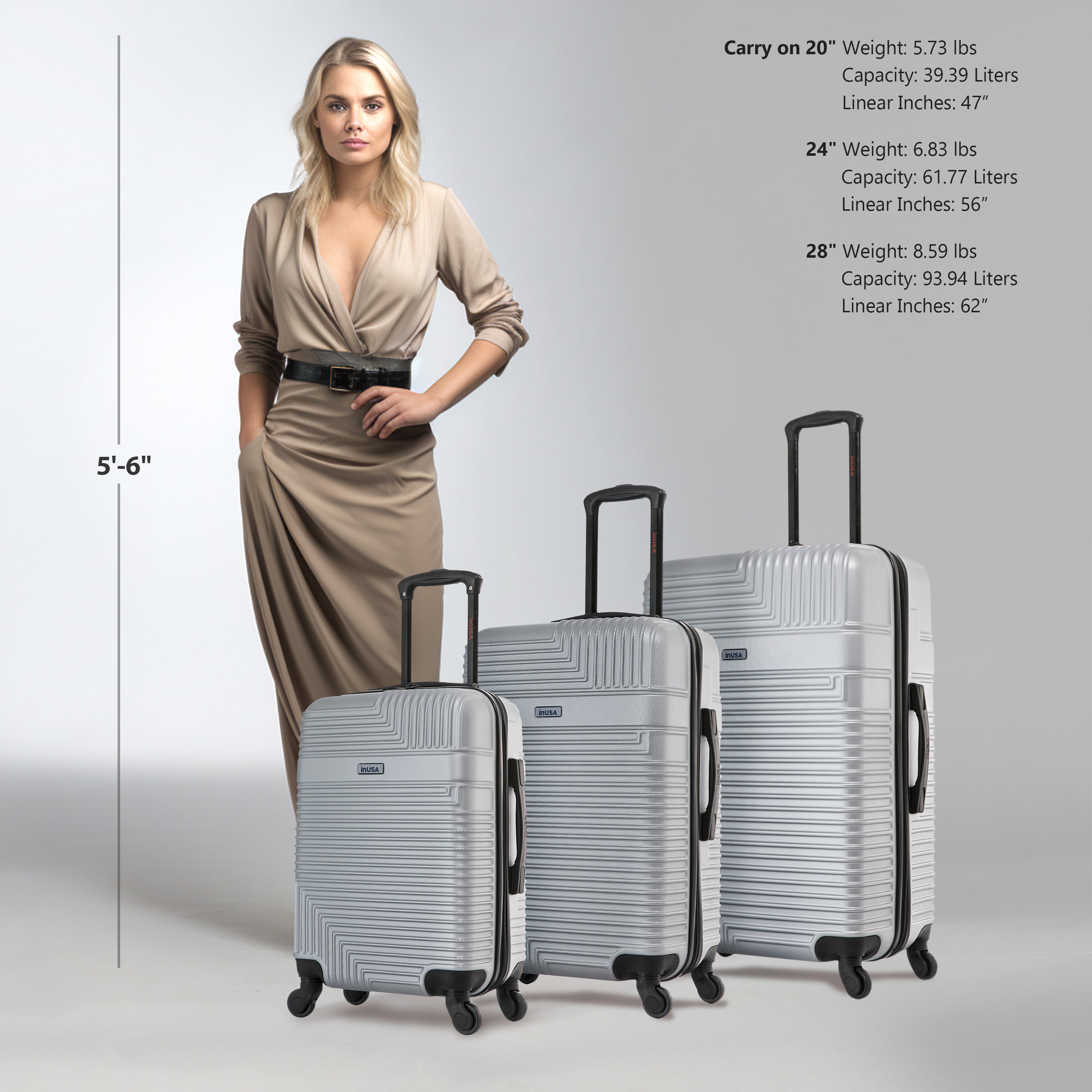 Woman standing next to three silver suitcases with dimensions and weight information displayed.