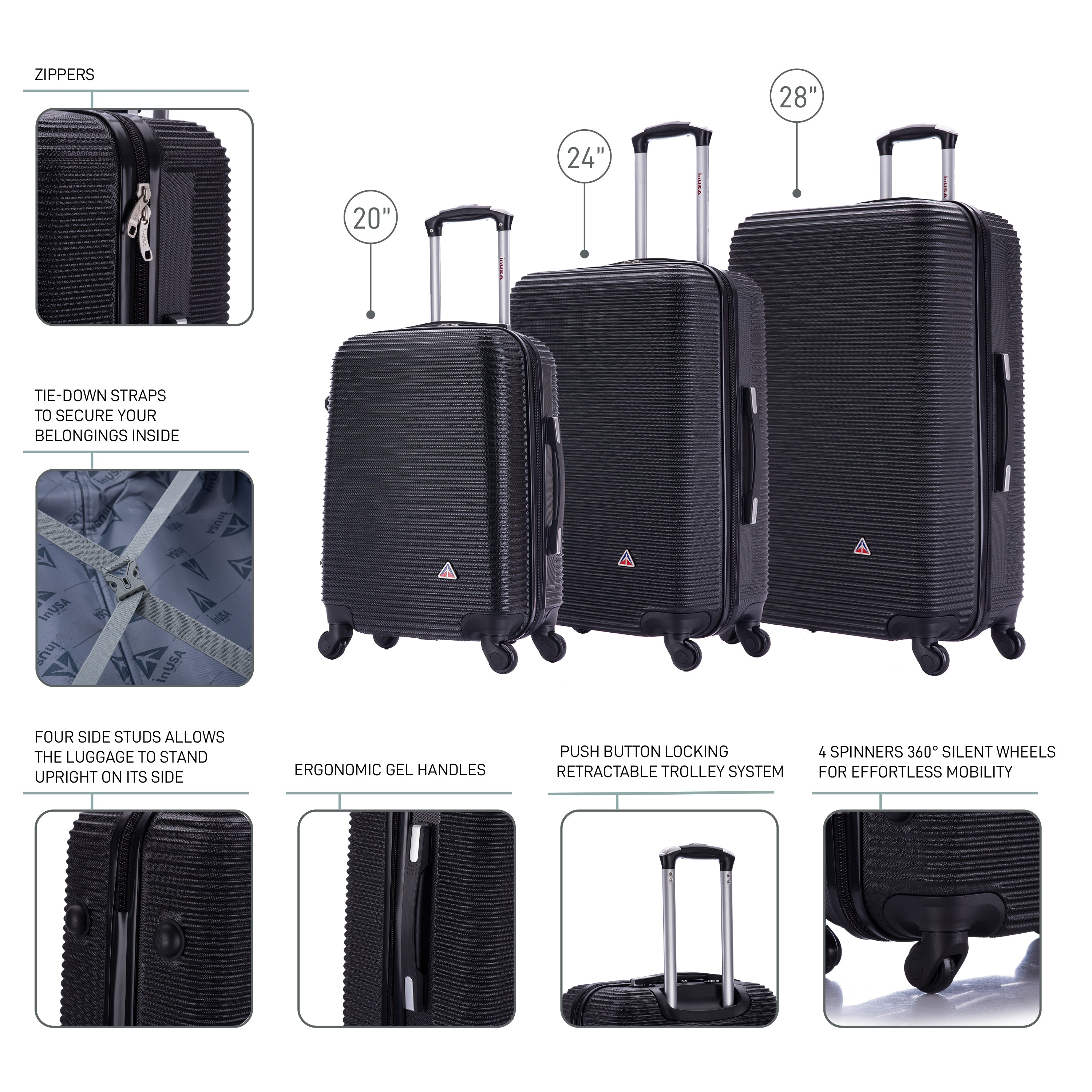 InUSA Luggage Royal 3 Piece Set 20"/24"/28" Spinner Suitcase Collection