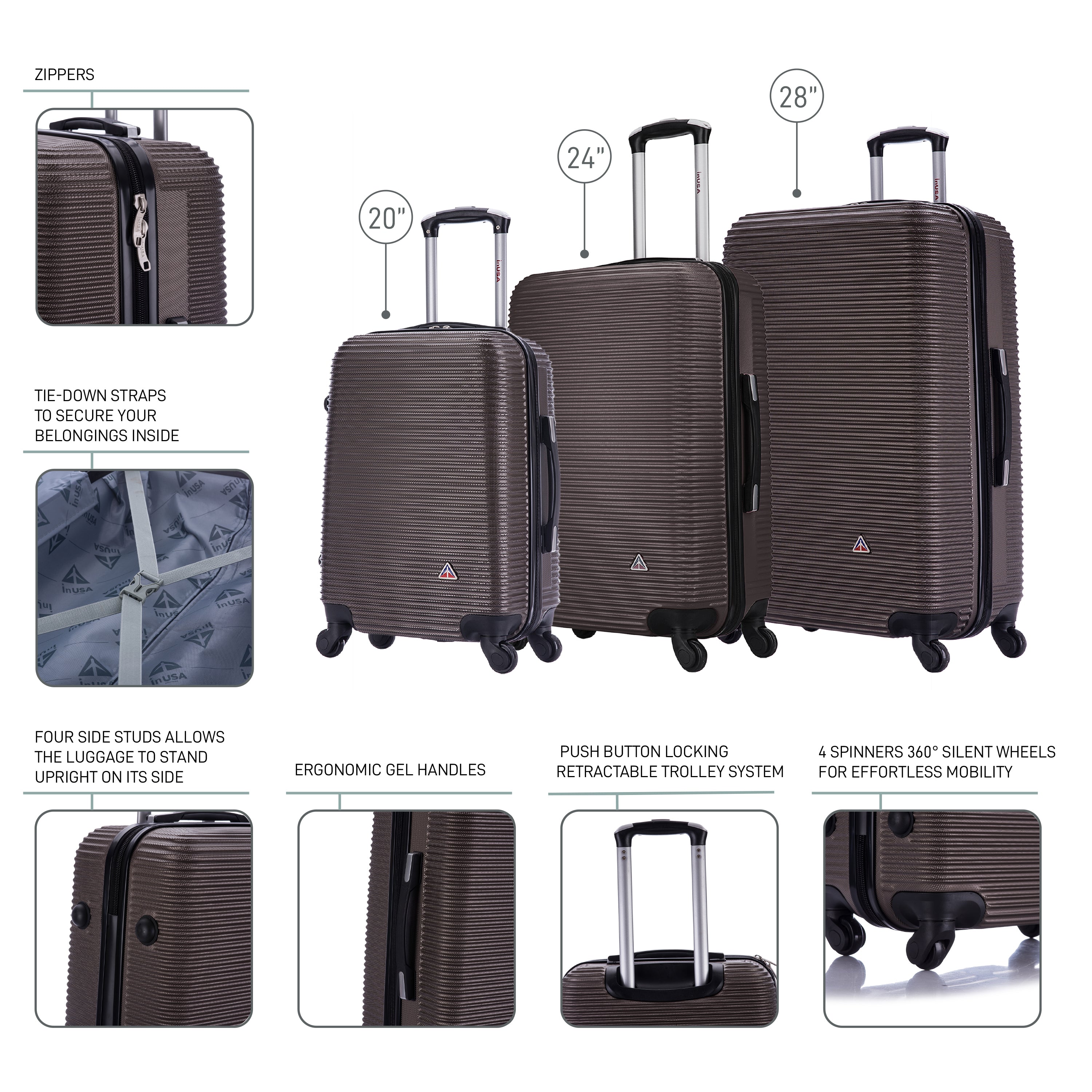 InUSA Luggage Royal 3 Piece Set 20"/24"/28" Spinner Suitcase Collection