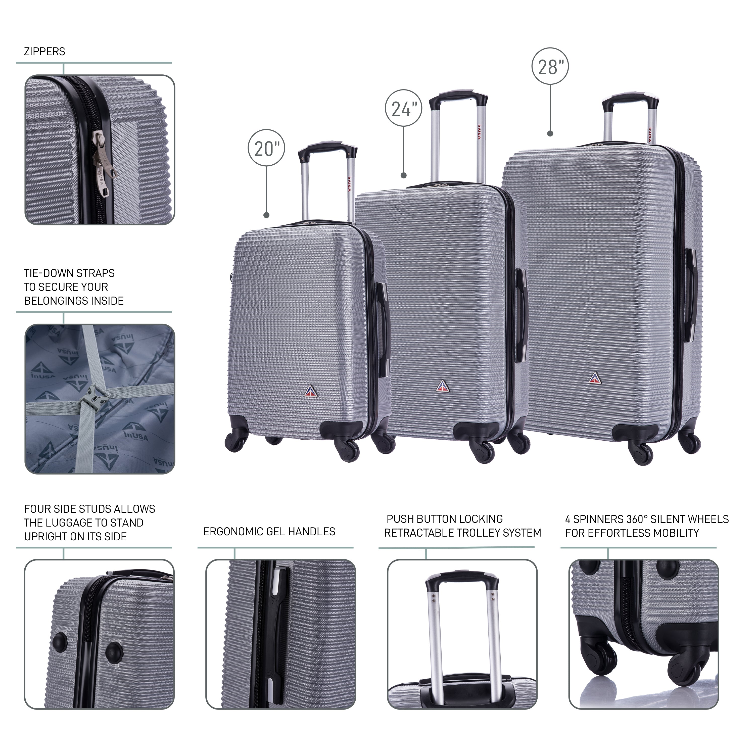 InUSA Luggage Royal 3 Piece Set 20"/24"/28" Spinner Suitcase Collection