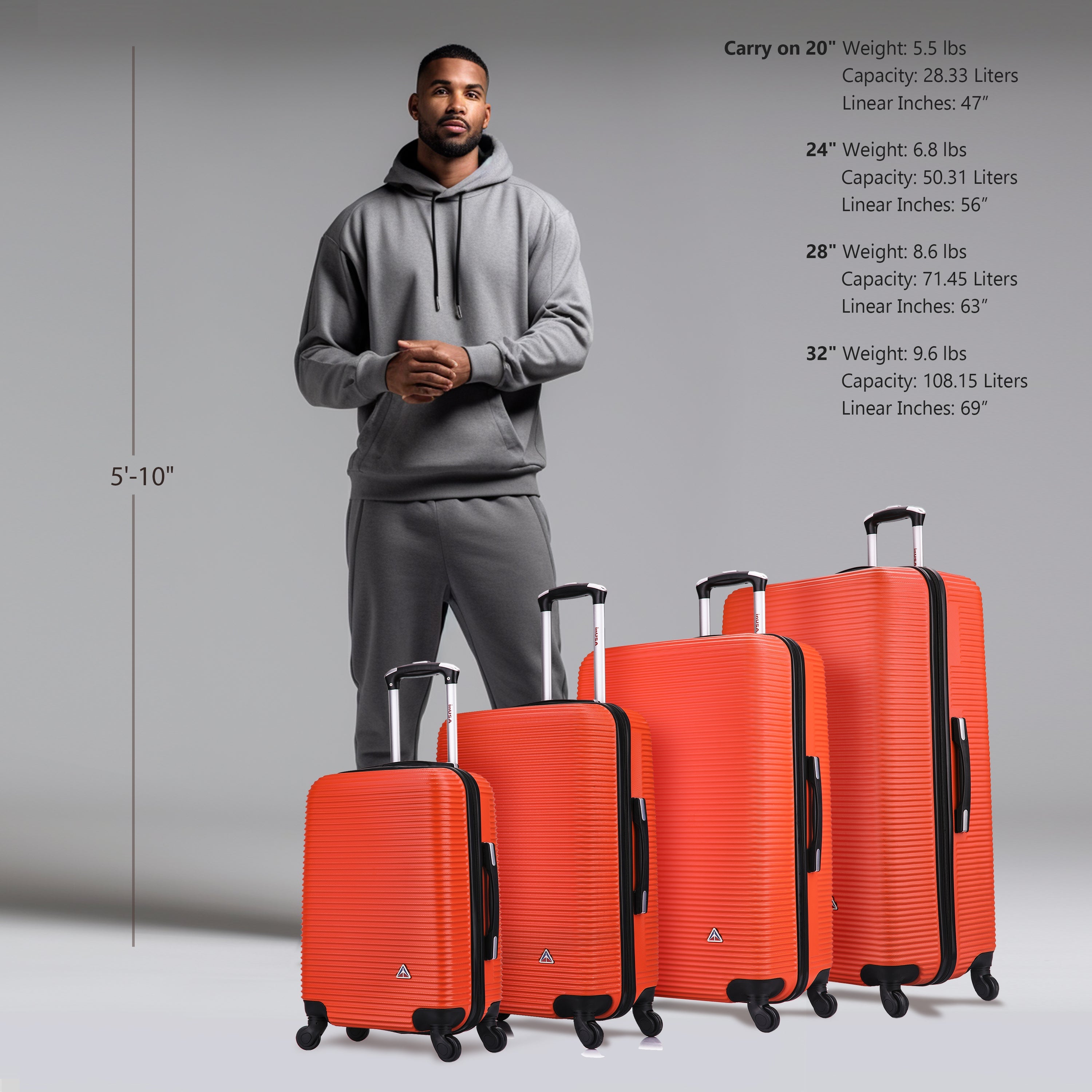Man standing next to a lineup of orange suitcases with dimensions and weight information displayed.