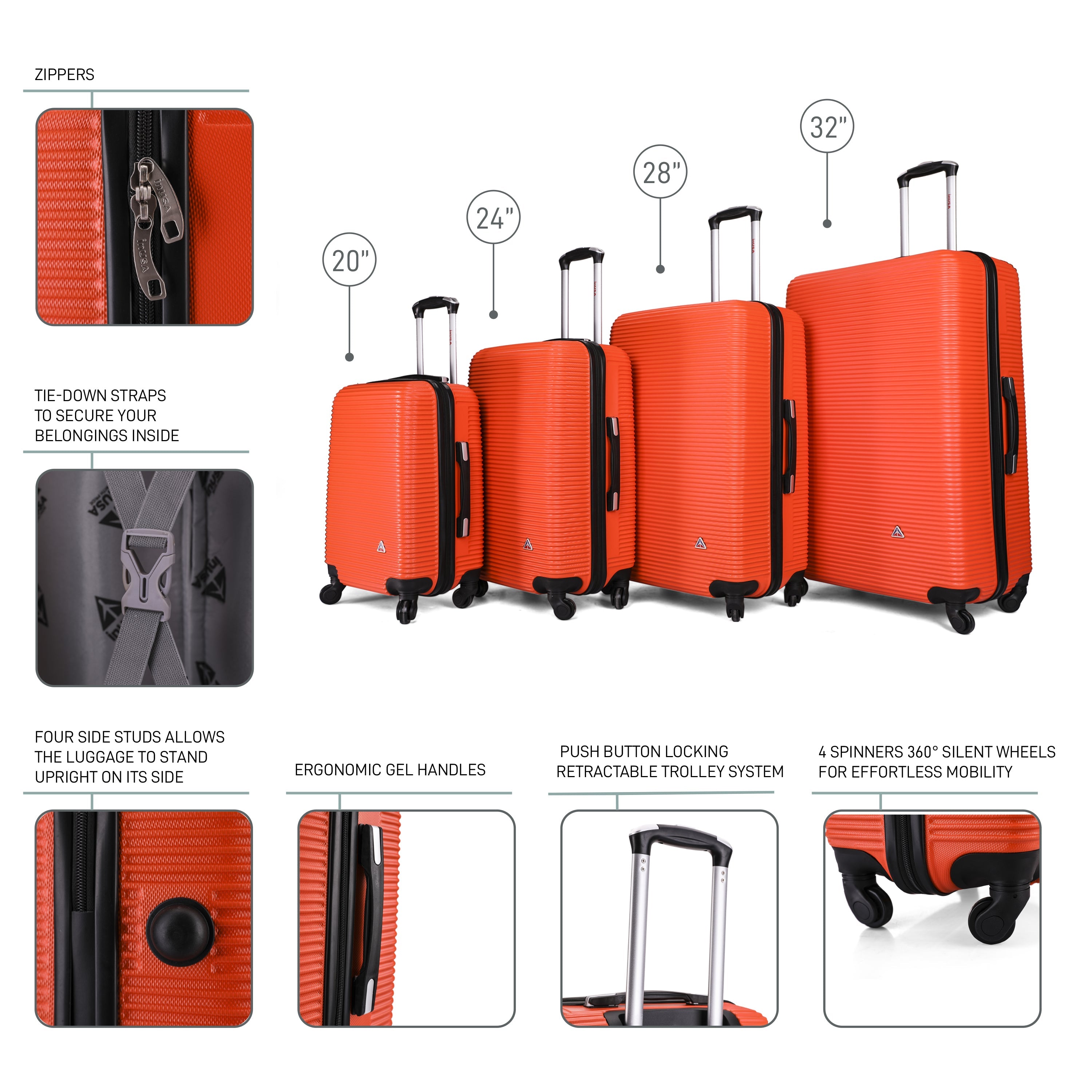 Set of orange suitcases with features highlighted on a white background